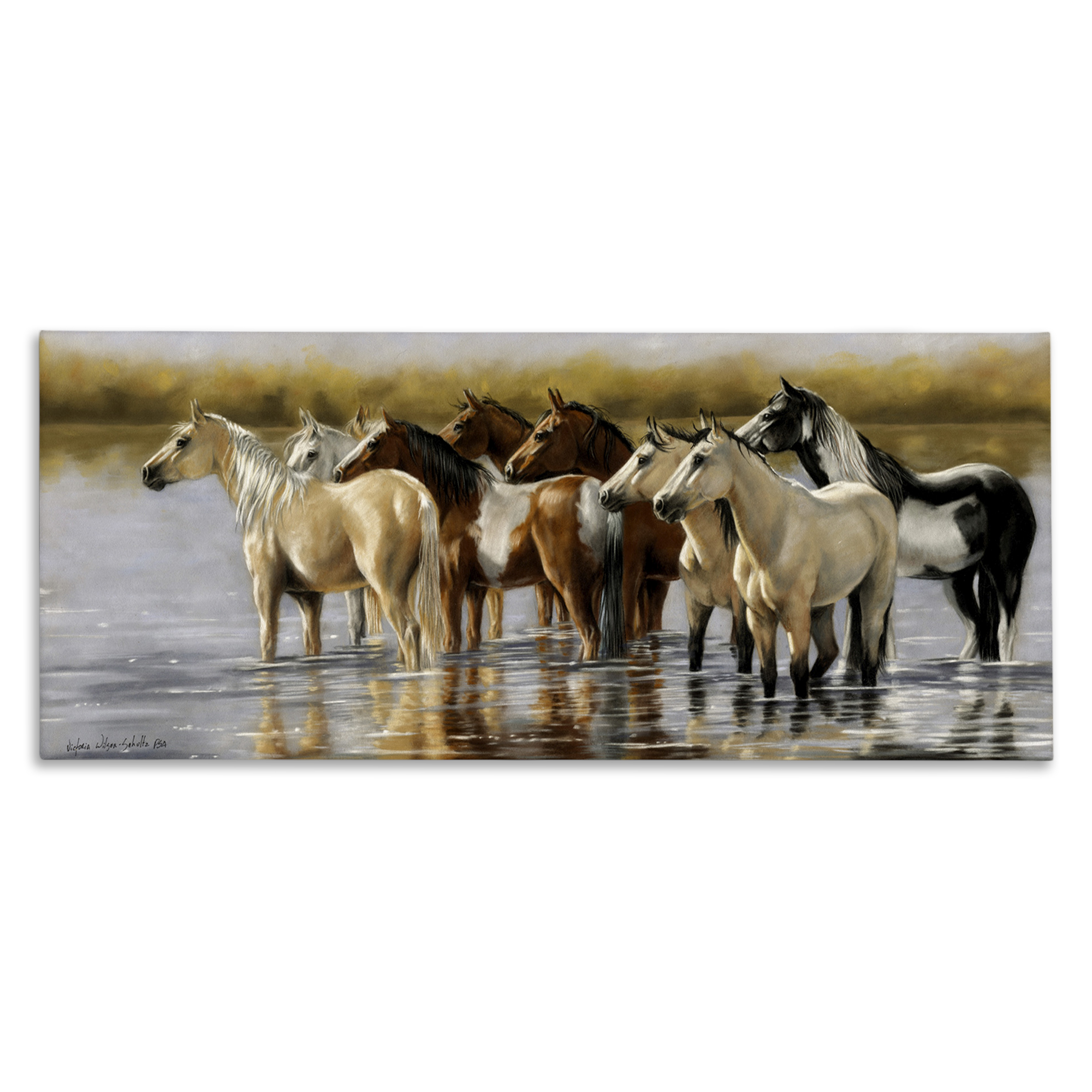 Stupell Industries Horse Herd Splashing Animals & Insects Painting Gallery Wrapped Canvas Art Print Wall Art, 30 x 13