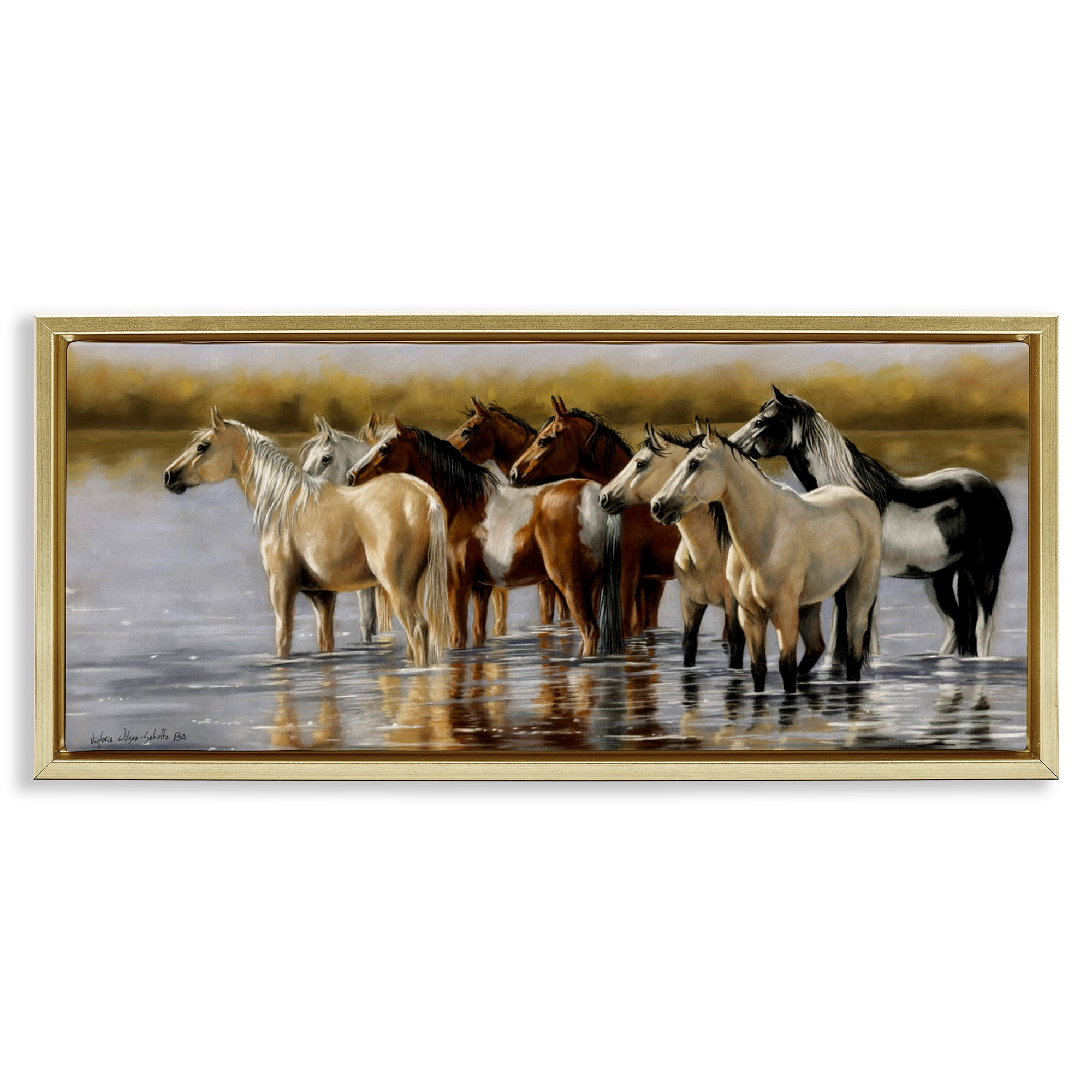 Stupell Industries Horse Herd Splashing Animals & Insects Painting Gold Floater Framed Canvas Art Print Wall Art, 31 x 14