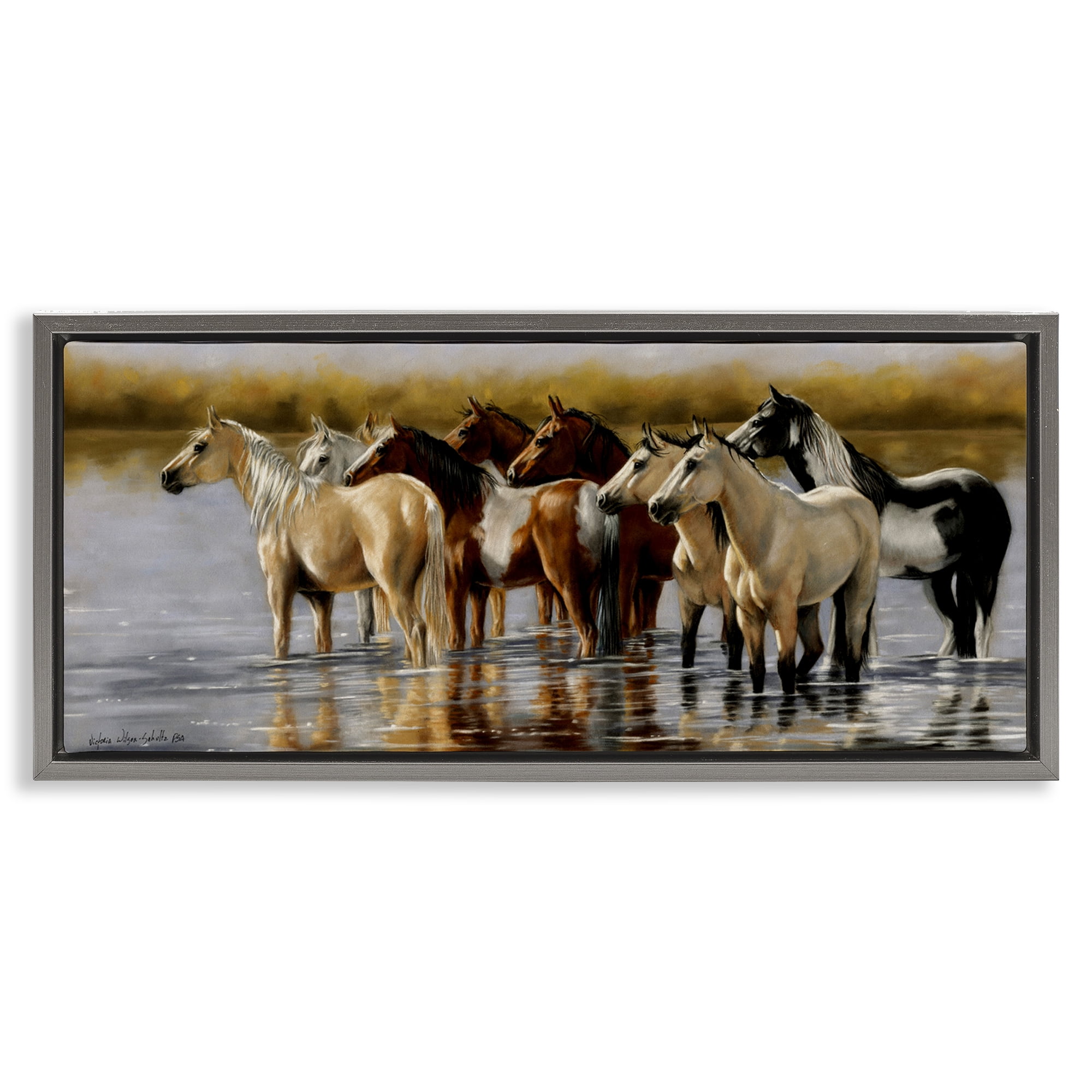 Stupell Industries Horse Herd Splashing Animals & Insects Painting Gray Floater Framed Canvas Art Print Wall Art, 31 x 14