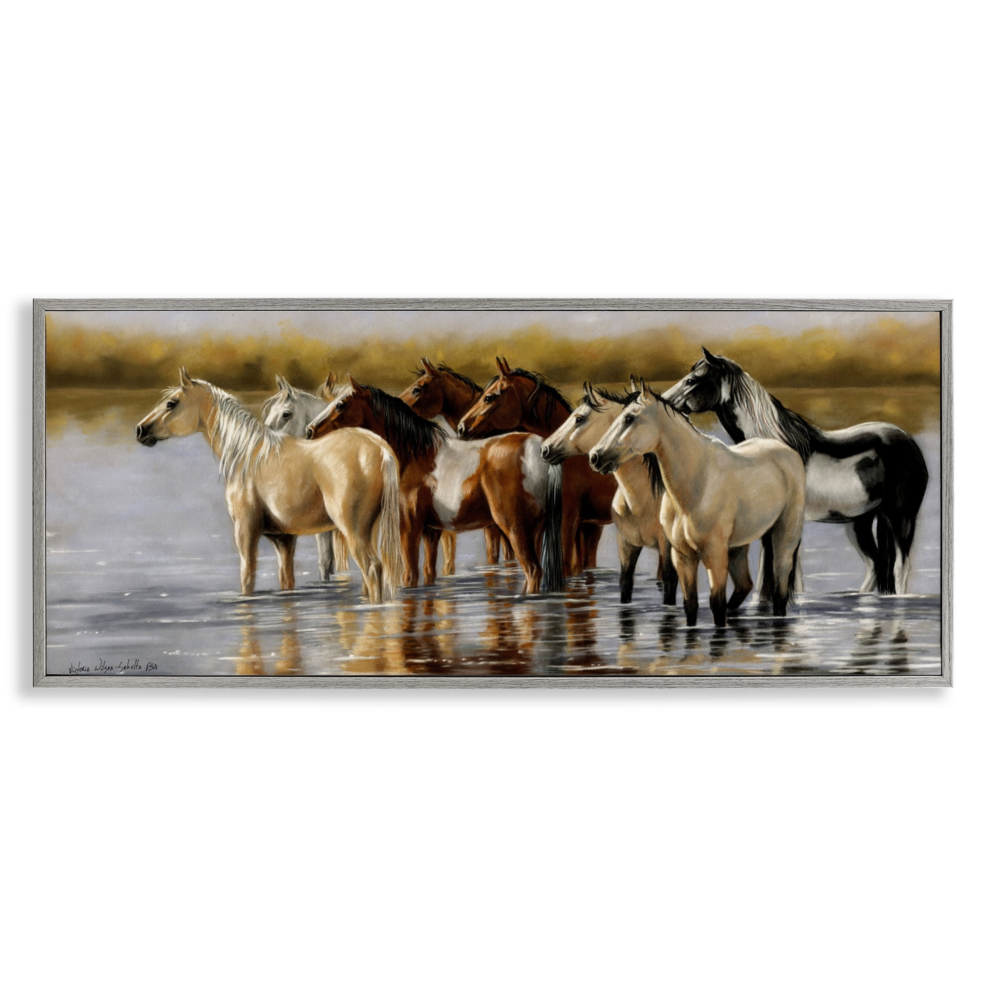 Stupell Industries Horse Herd Splashing Animals & Insects Painting Gray Framed Art Print Wall Art, 24 x 10