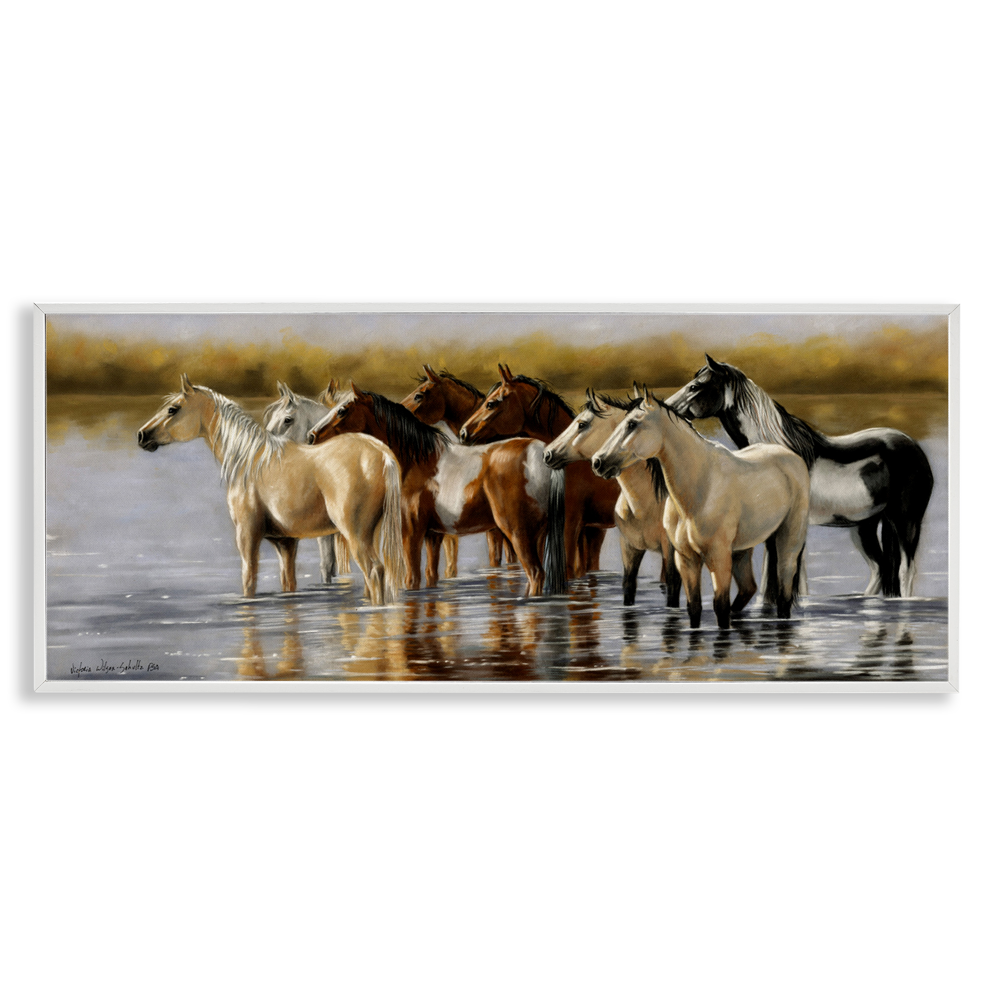 Stupell Industries Horse Herd Splashing Animals & Insects Painting White Framed Art Print Wall Art, 30 x 13