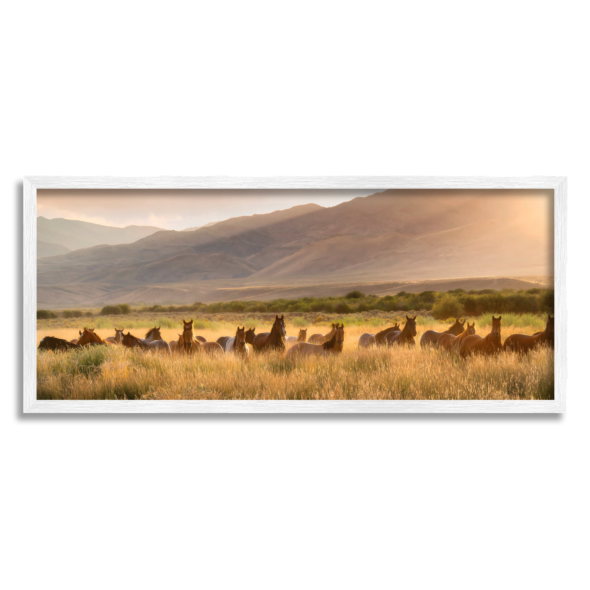 Stupell Industries Horse Herd in Mountains Landscape Photography White Framed Art Print Wall Art, 30 x 13