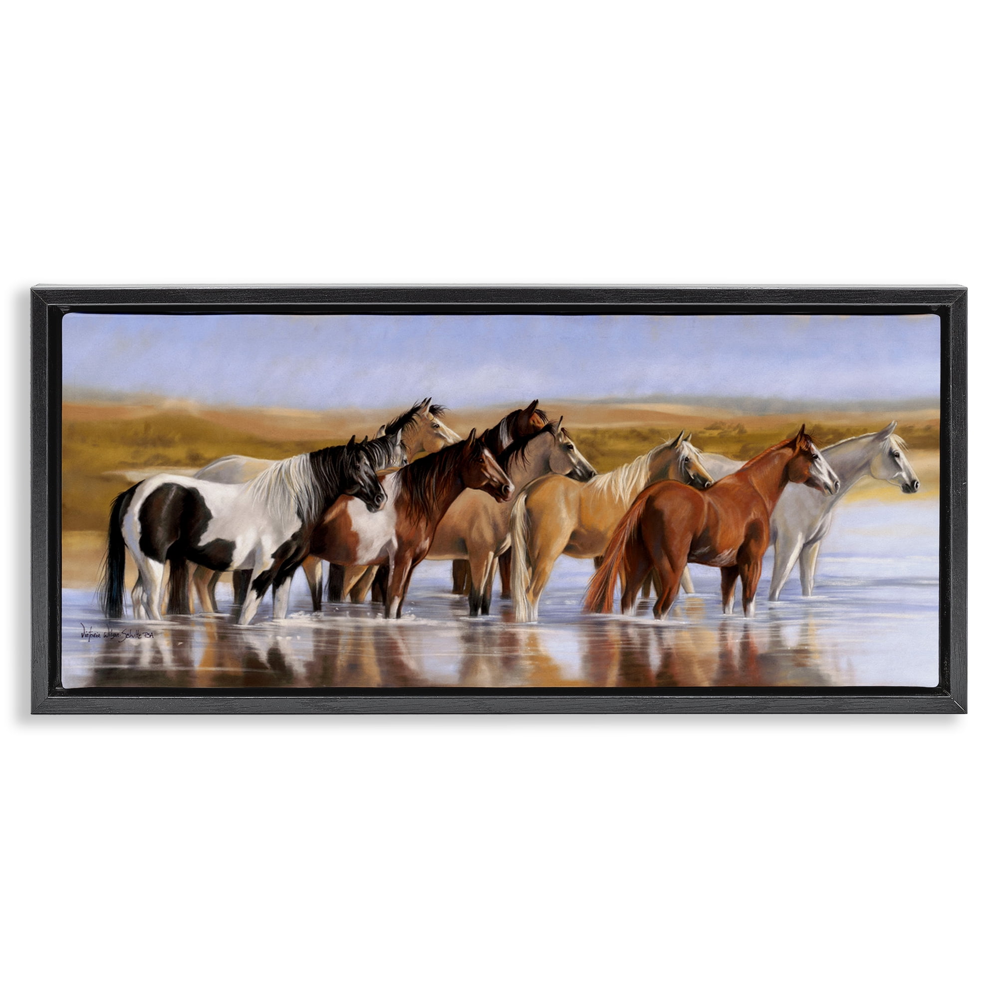 Stupell Industries Horse Herd in River Animals & Insects Painting Black Floater Framed Canvas Art Print Wall Art, 25 x 11