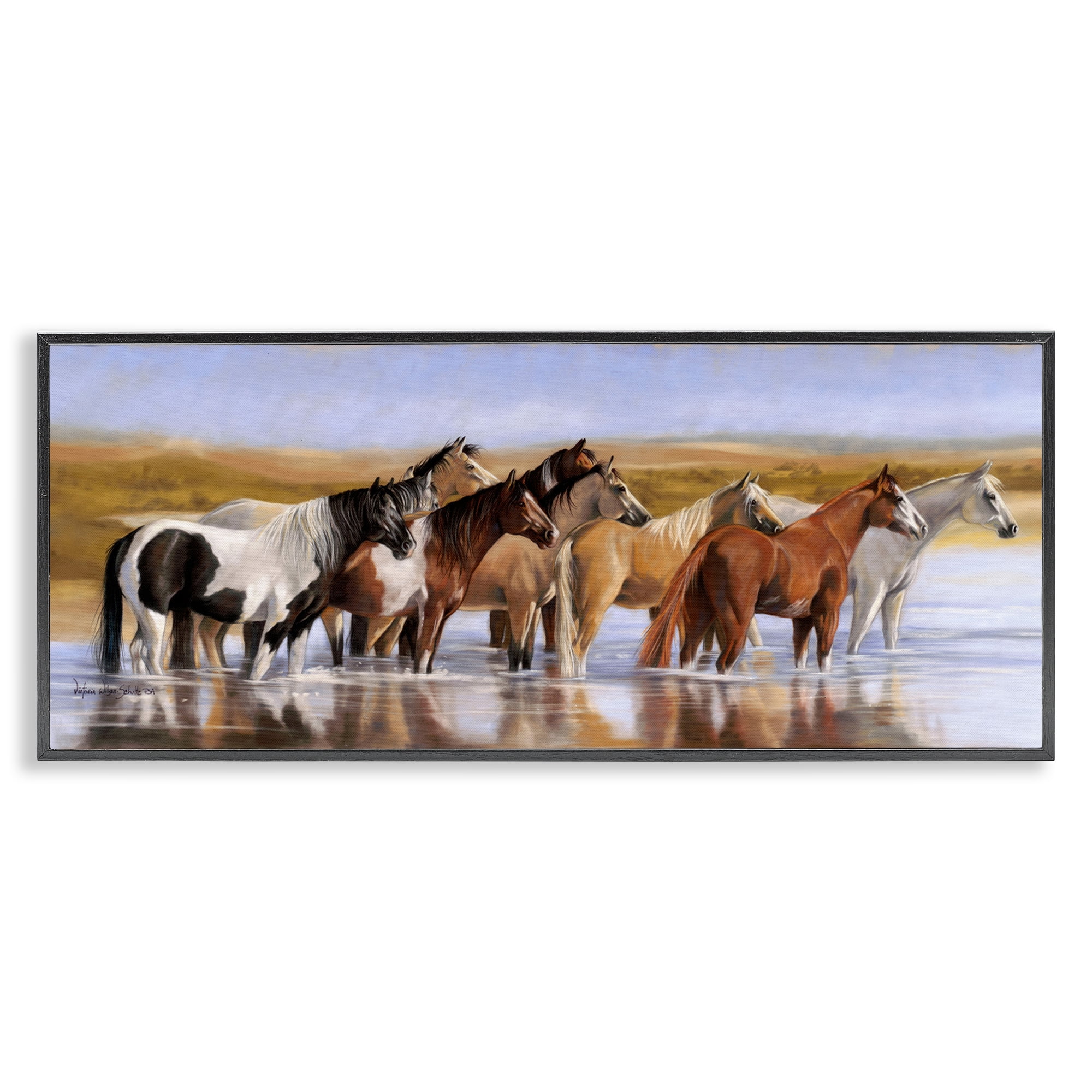 Stupell Industries Horse Herd in River Animals & Insects Painting Black Framed Art Print Wall Art, 30 x 13