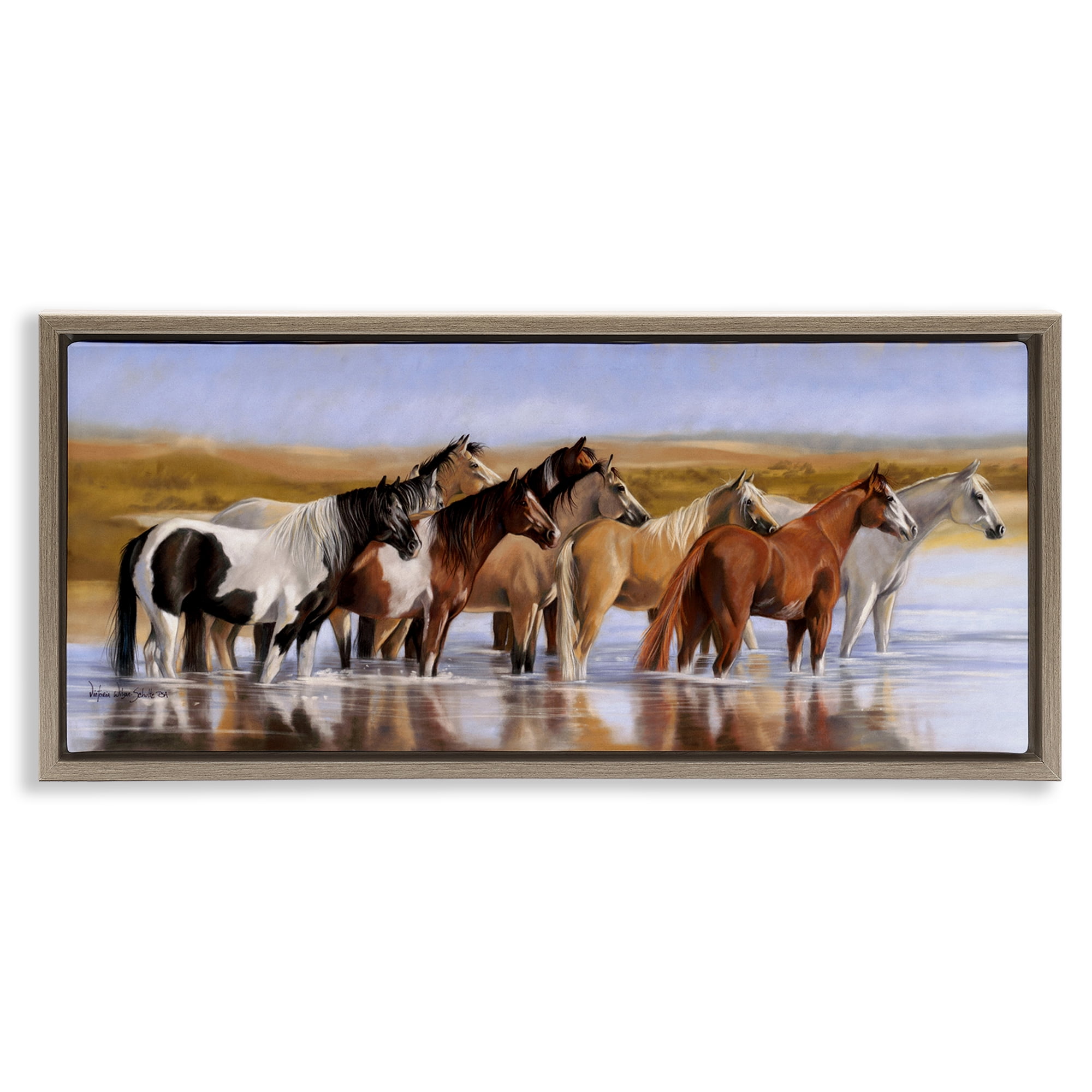 Stupell Industries Horse Herd in River Animals & Insects Painting Brown Floater Framed Canvas Art Print Wall Art, 31 x 14