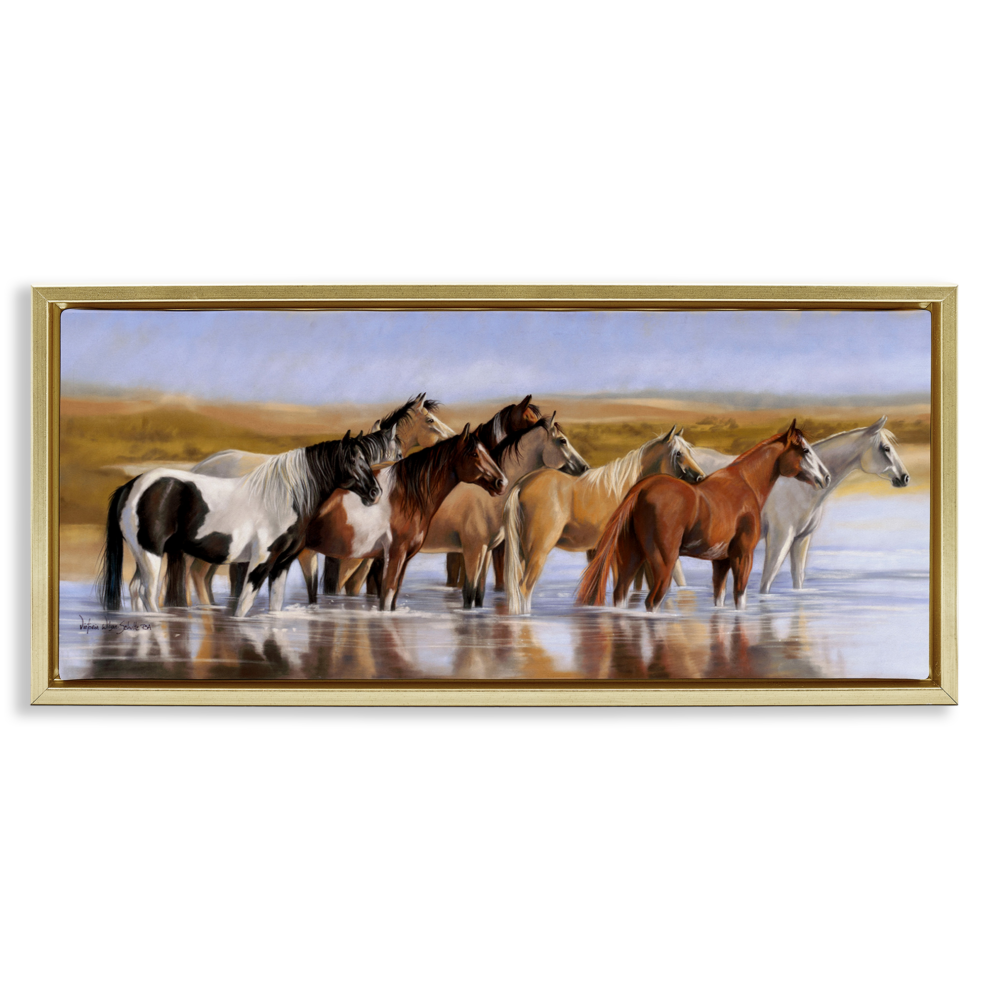 Stupell Industries Horse Herd in River Animals & Insects Painting Gold Floater Framed Canvas Art Print Wall Art, 31 x 14