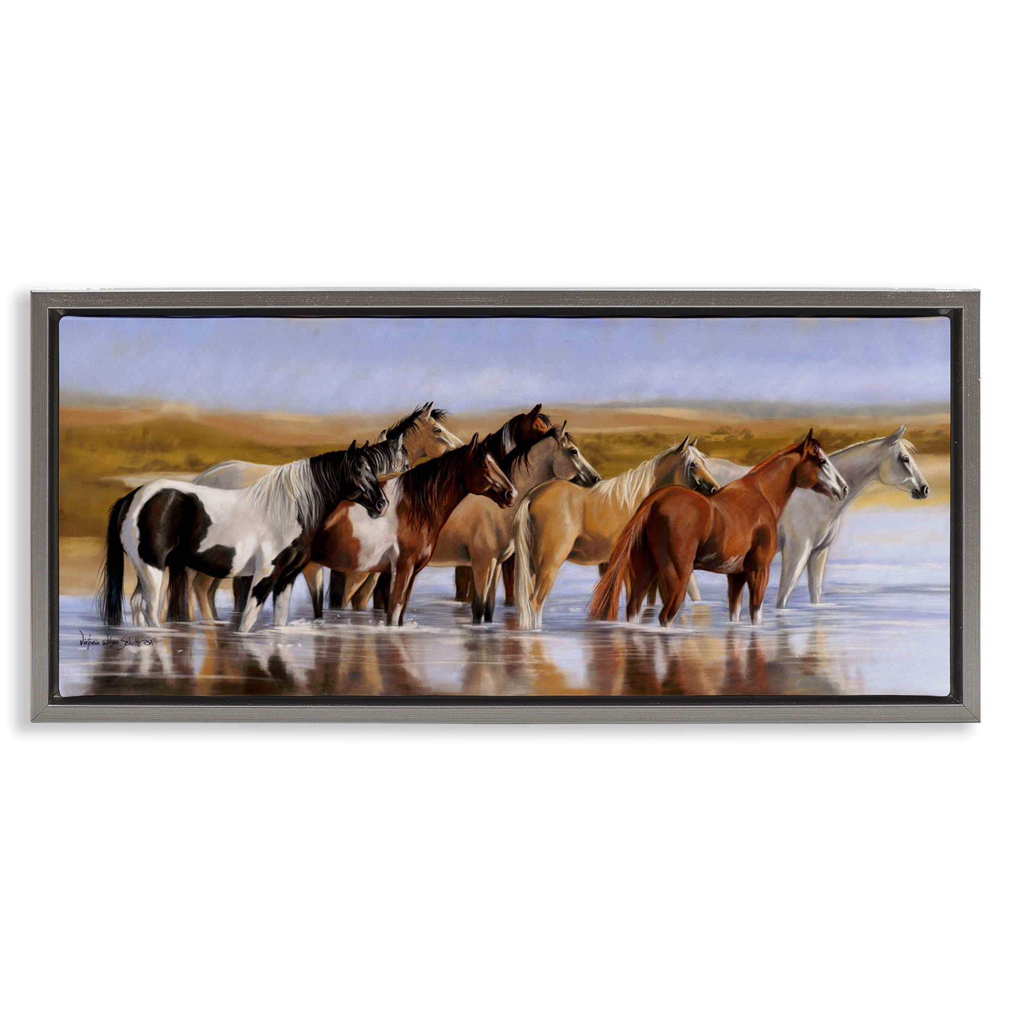 Stupell Industries Horse Herd in River Animals & Insects Painting Gray Floater Framed Canvas Art Print Wall Art, 25 x 11