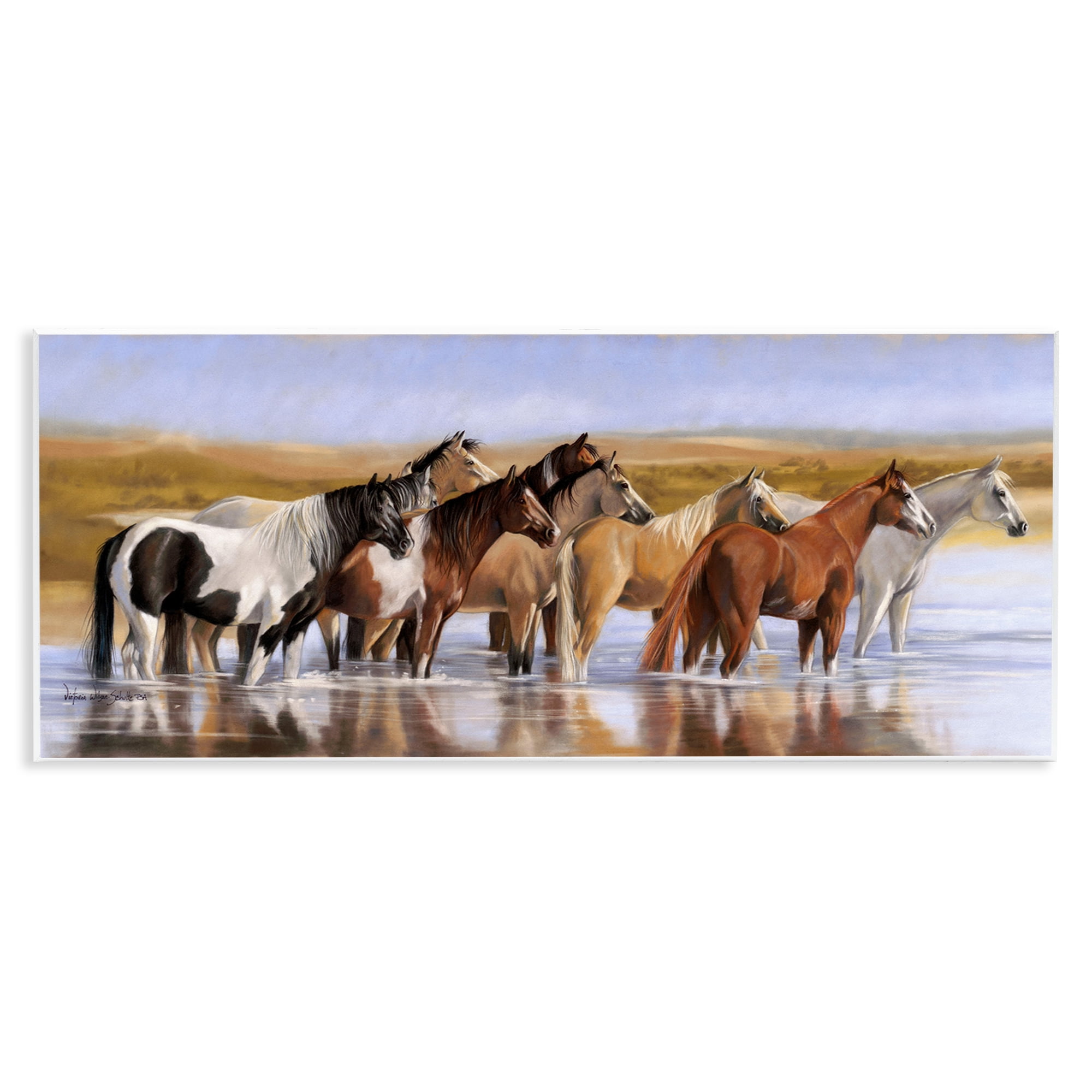 Stupell Industries Horse Herd in River Animals & Insects Painting Unframed Art Print Wall Art, 17 x 7