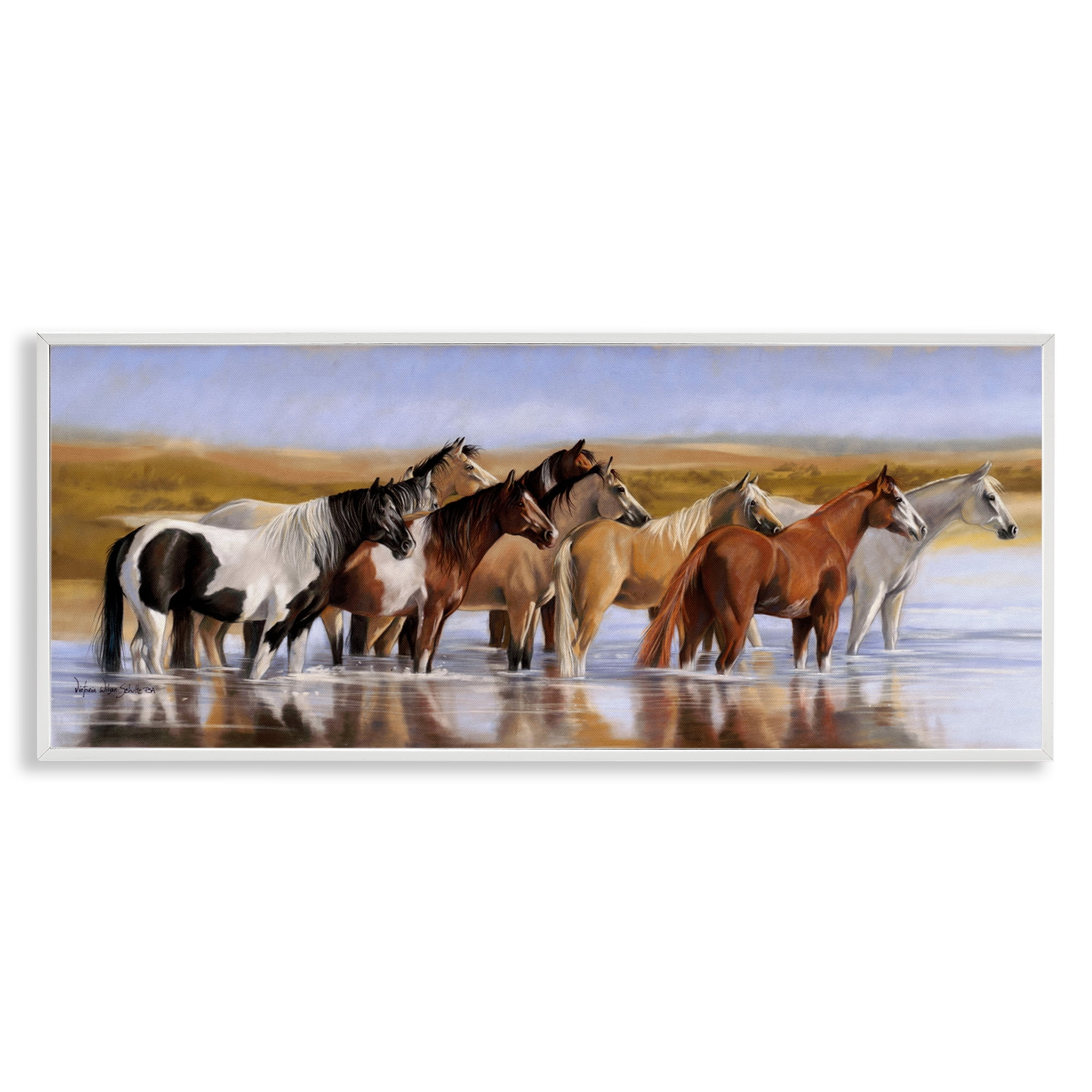 Stupell Industries Horse Herd in River Animals & Insects Painting White Framed Art Print Wall Art, 30 x 13