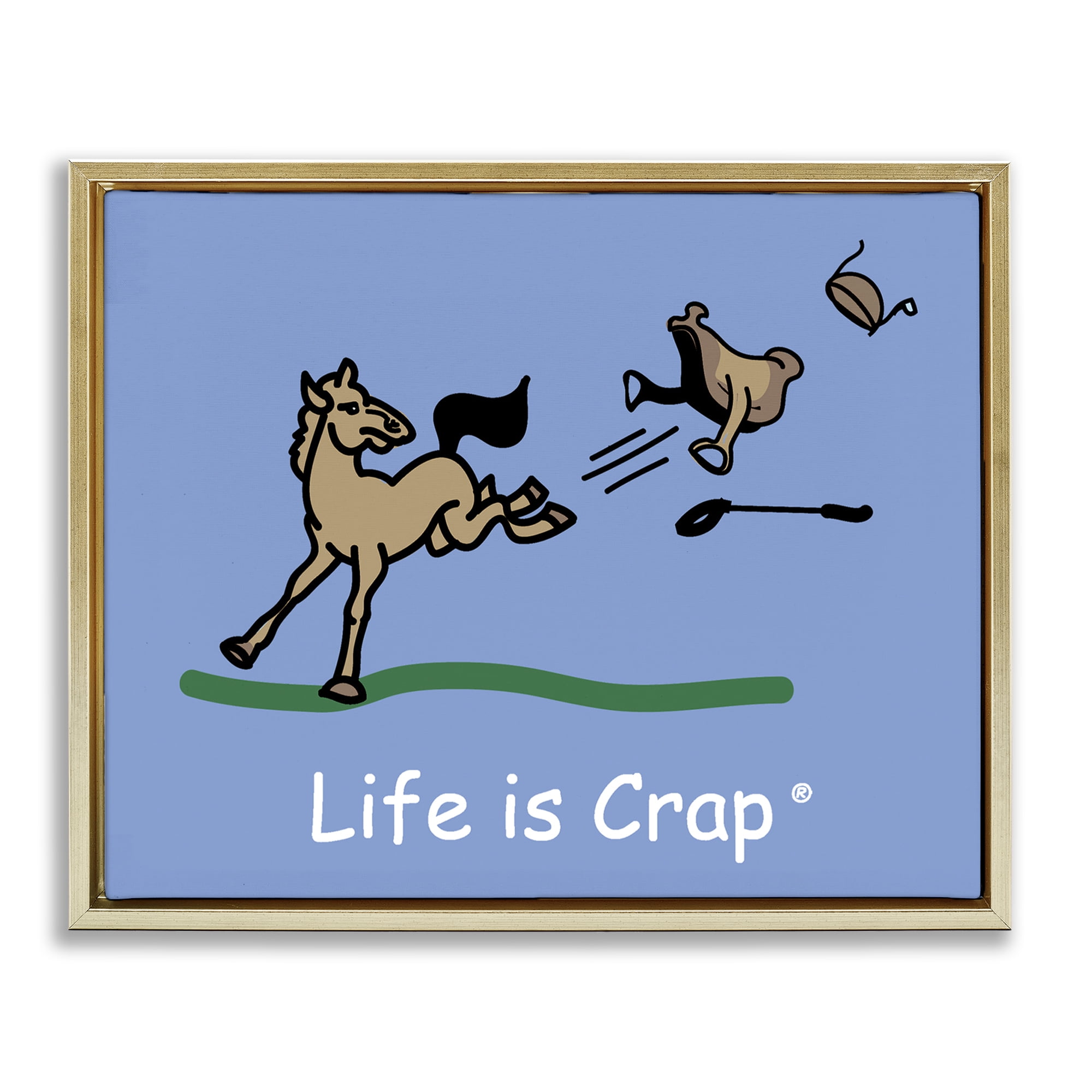 Stupell Industries Horse Kicking Saddle Novelty & Humor Painting Gold Floater Framed Canvas Art Print Wall Art, 21 x 17