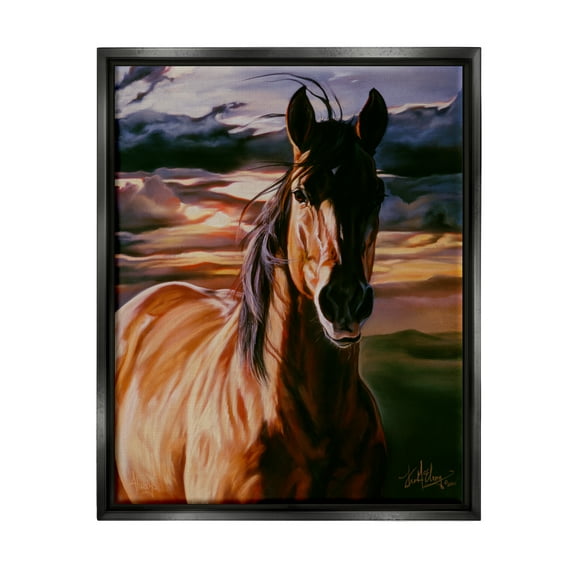 Stupell Industries Horse Landscape Painting Animals & Insects Painting Black Floater Framed Art Print Wall Art, 17 x 21