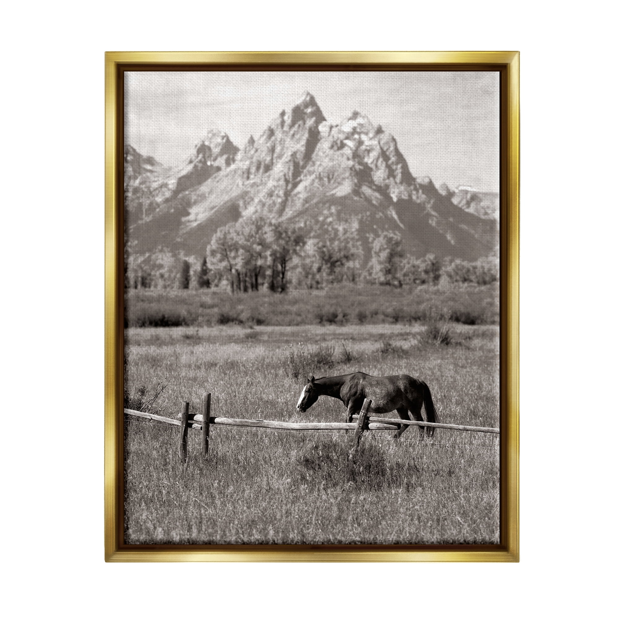 Stupell Industries Horse & Mountain Scenery Landscape Photography Gold Floater Framed Canvas Art Print Wall Art, 17 x 21