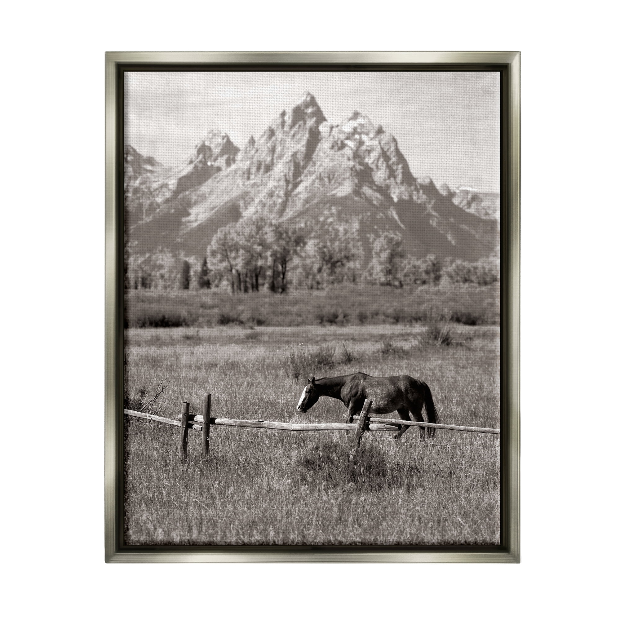 Stupell Industries Horse & Mountain Scenery Landscape Photography Gray Floater Framed Canvas Art Print Wall Art, 17 x 21