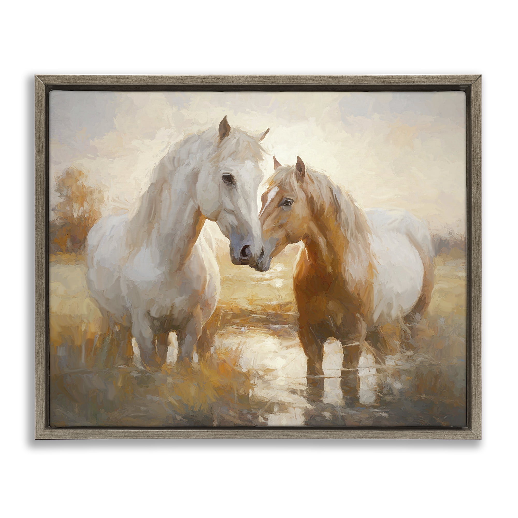 Stupell Industries Horse Pair in River Animals & Insects Painting Brown Floater Framed Canvas Art Print Wall Art, 31 x 25