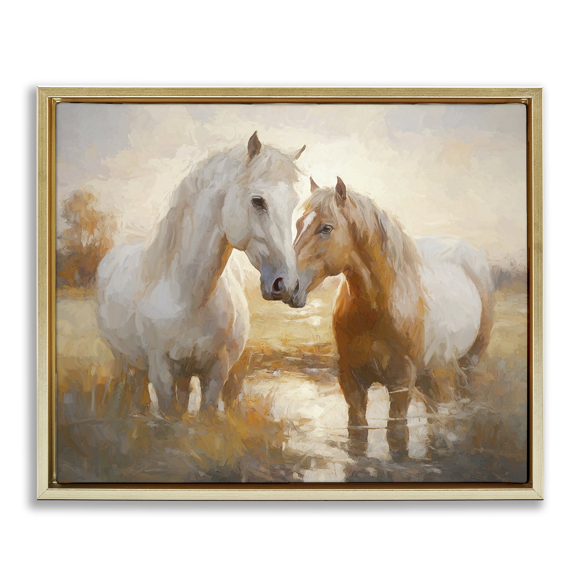 Stupell Industries Horse Pair in River Animals & Insects Painting Gold Floater Framed Canvas Art Print Wall Art, 31 x 25