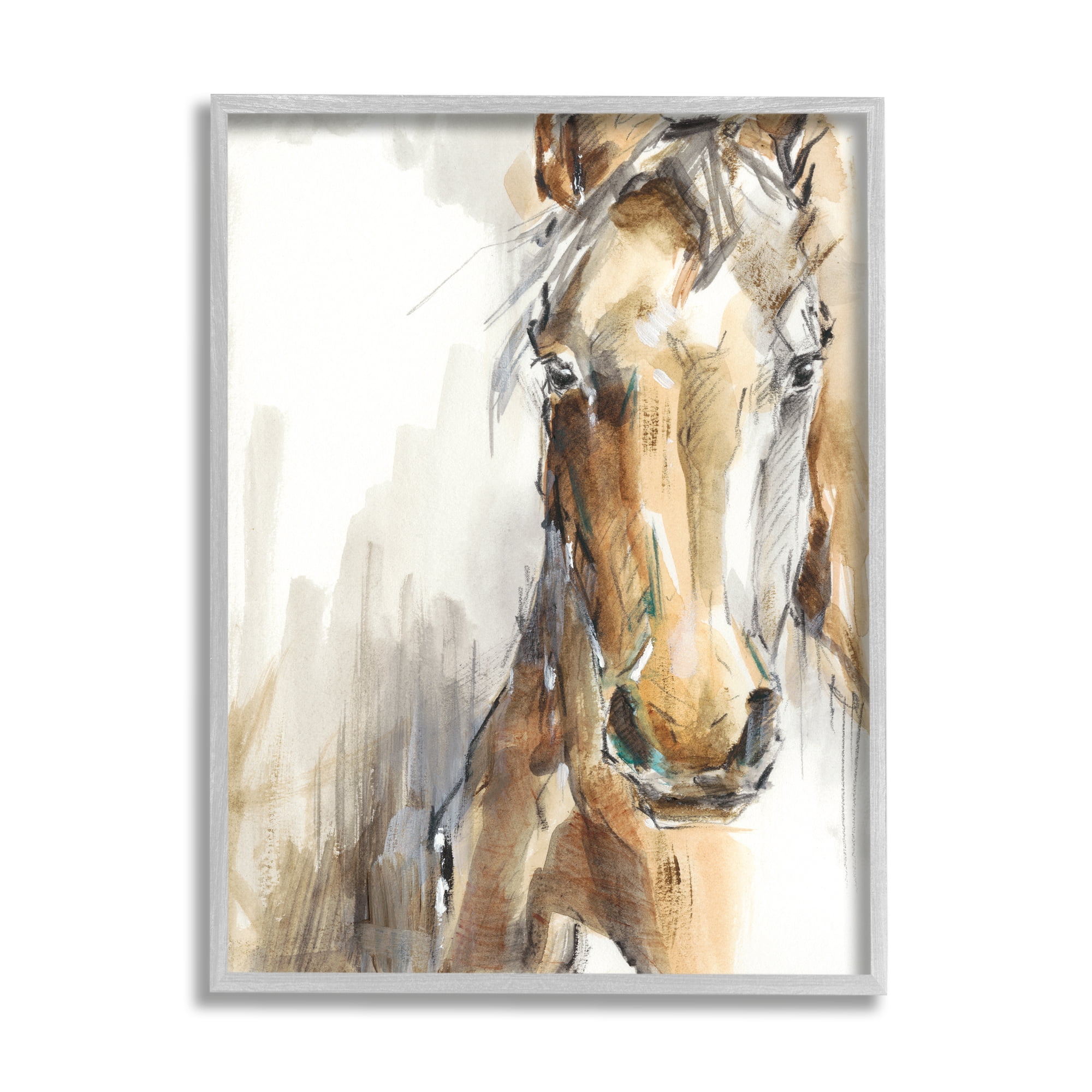 Stupell Industries Horse Portrait Orange Brown Animal Watercolor Painting Framed Wall Art by Ethan Harper, 11" x 14", Gray Framed