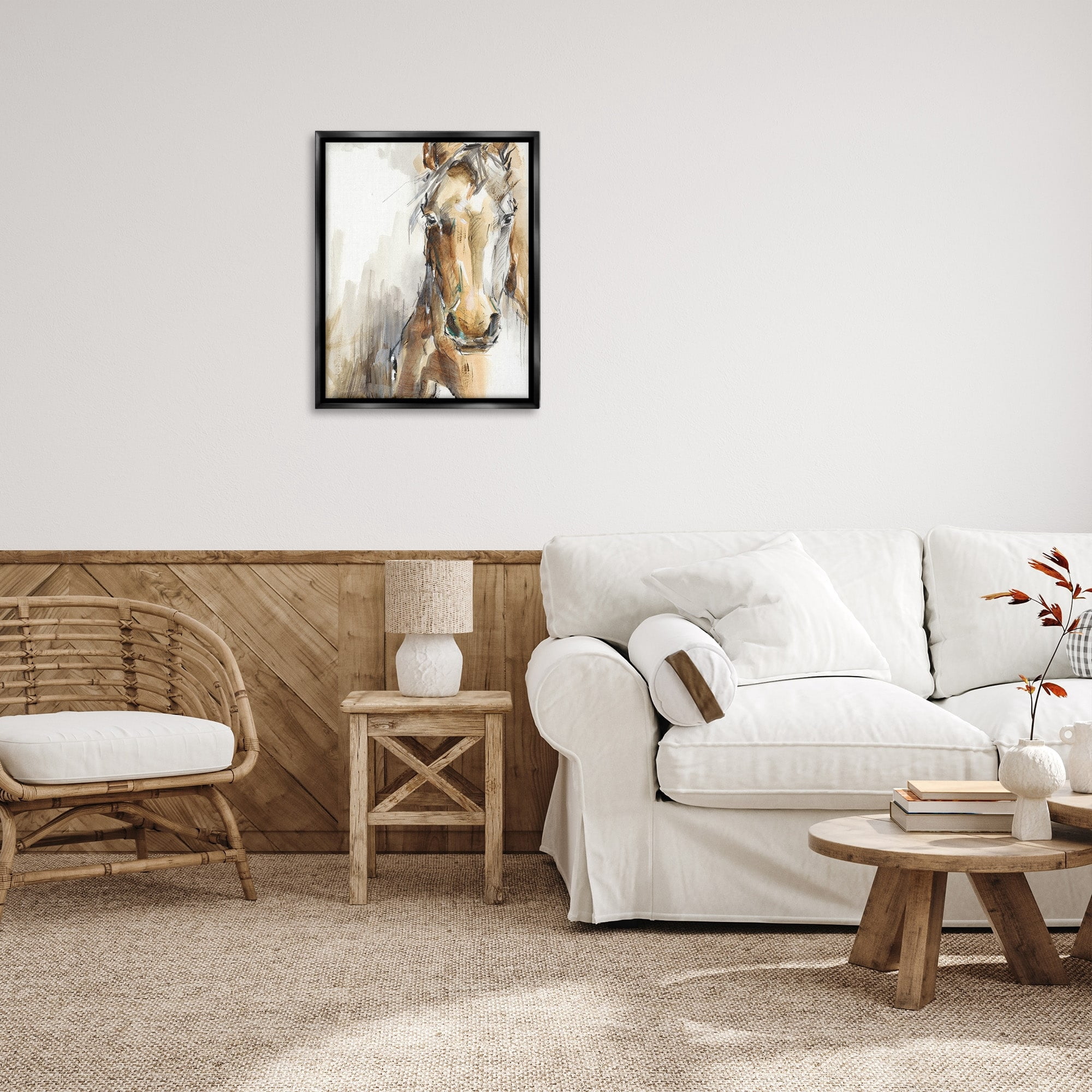 Stupell Industries Horse Portrait Orange Brown Animal Watercolor Painting Jet Black Framed Floating Canvas Wall Art, 24x30, by Ethan Harper