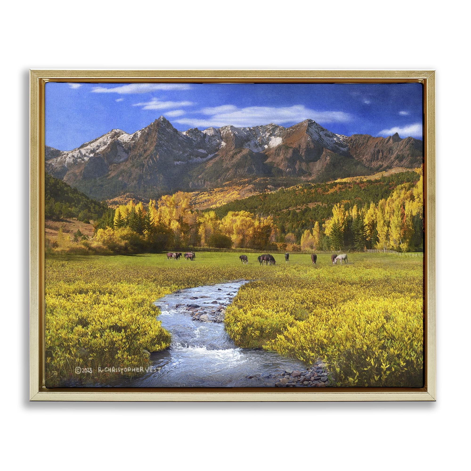Stupell Industries Horse Ranch Autumn View Landscape & Nature Photography Gold Floater Framed Canvas Art Print Wall Art, 31 x 25
