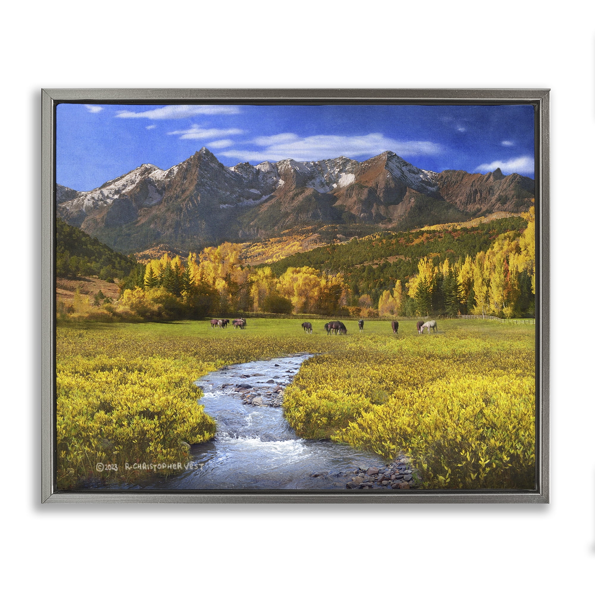 Stupell Industries Horse Ranch Autumn View Landscape & Nature Photography Gray Floater Framed Canvas Art Print Wall Art, 31 x 25
