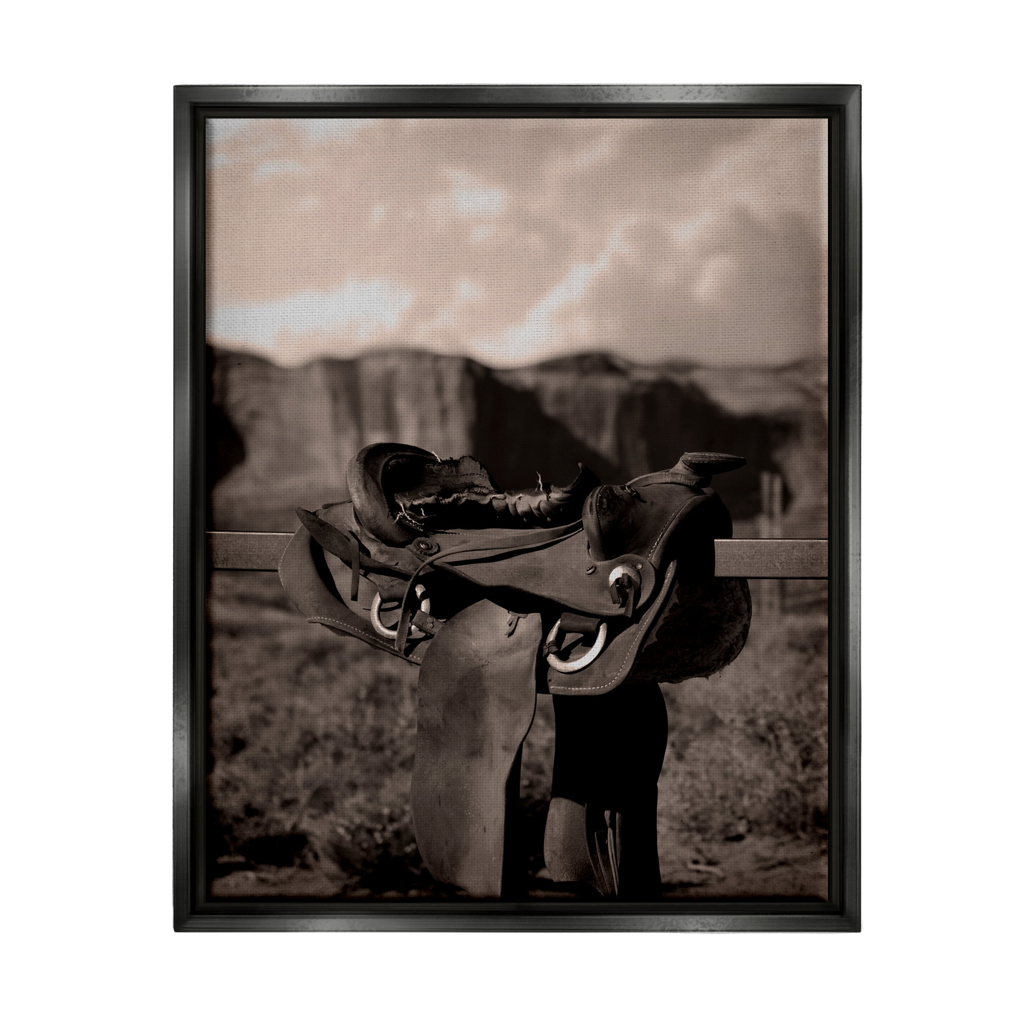 Stupell Industries Horse Saddle in Desert Landscape Photography Black Floater Framed Canvas Art Print Wall Art, 17 x 21