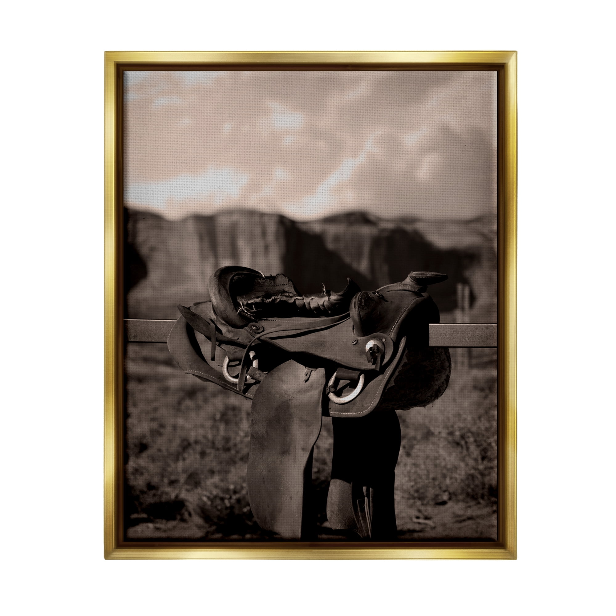 Stupell Industries Horse Saddle in Desert Landscape Photography Gold Floater Framed Canvas Art Print Wall Art, 25 x 31