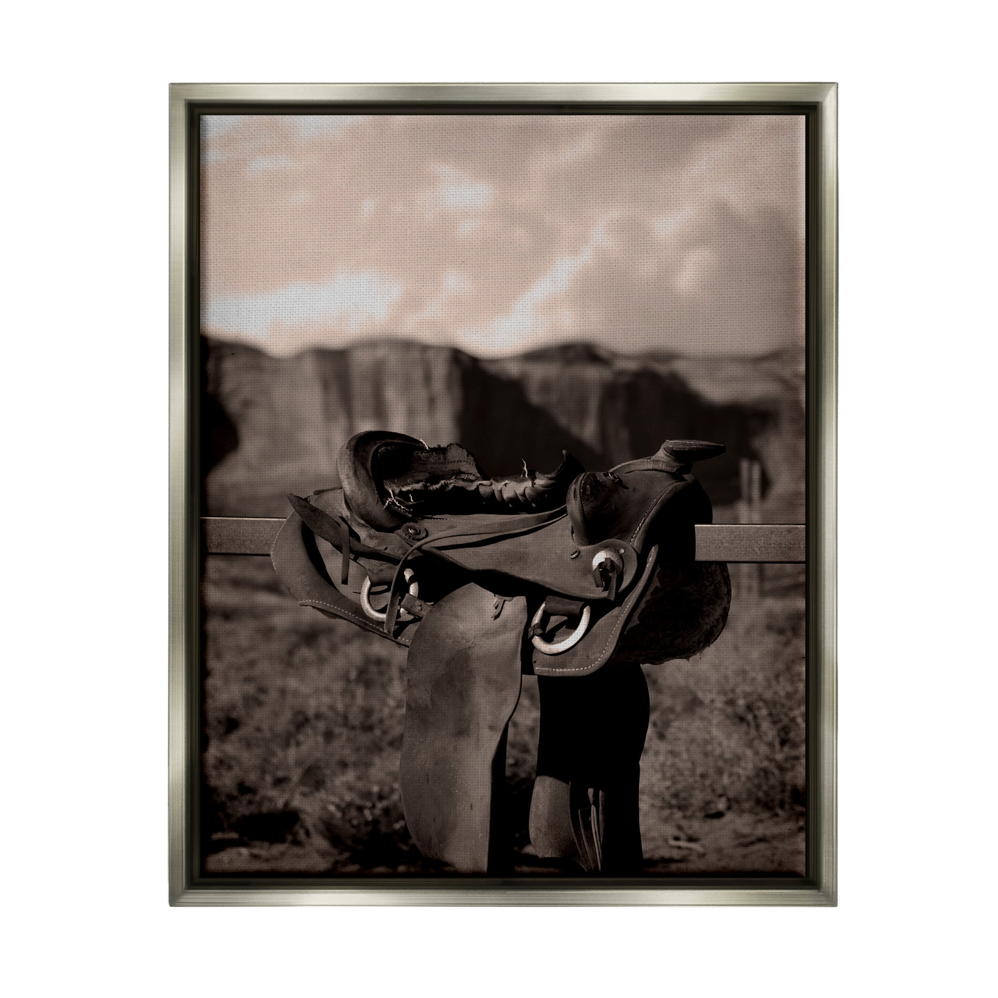 Stupell Industries Horse Saddle in Desert Landscape Photography Gray Floater Framed Canvas Art Print Wall Art, 25 x 31