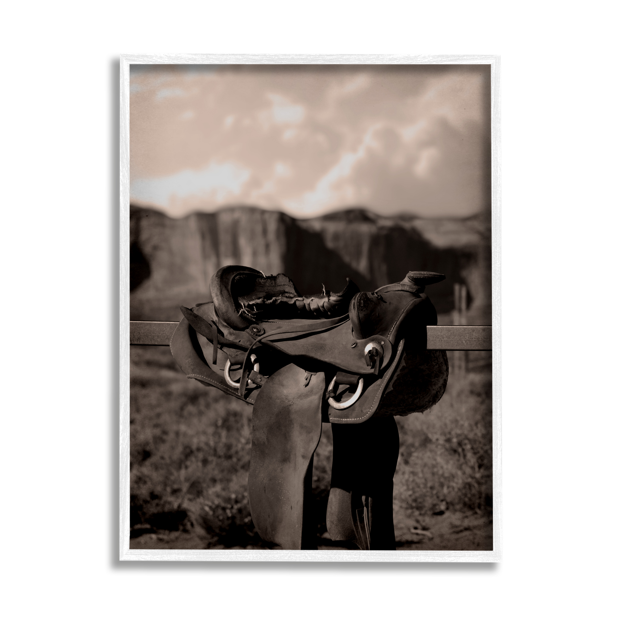 Stupell Industries Horse Saddle in Desert Landscape Photography White Framed Art Print Wall Art, 24 x 30
