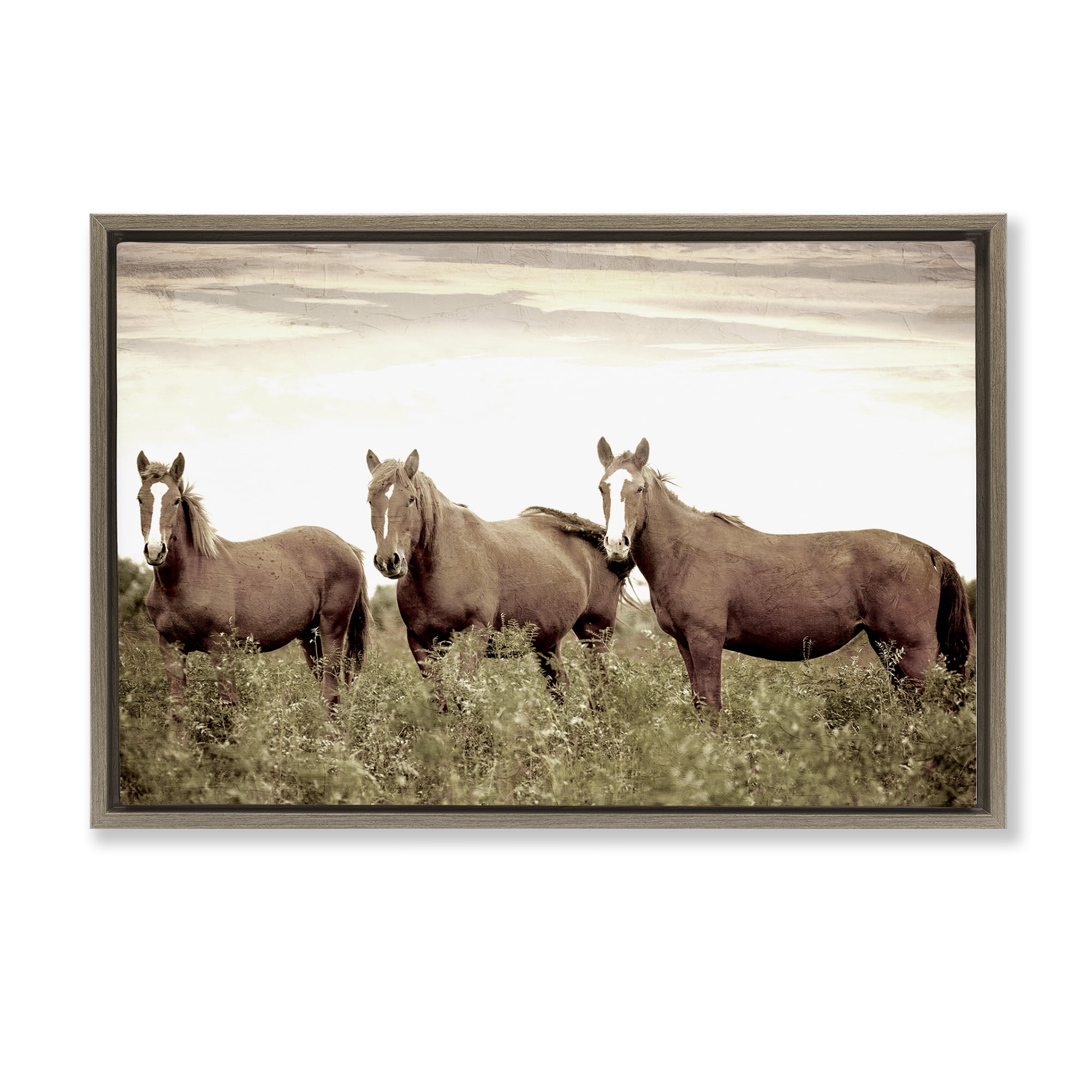 Stupell Industries Horse Trio Gaze Animals Painting Brown Floater Framed Canvas Art Print Wall Art, 31 x 21