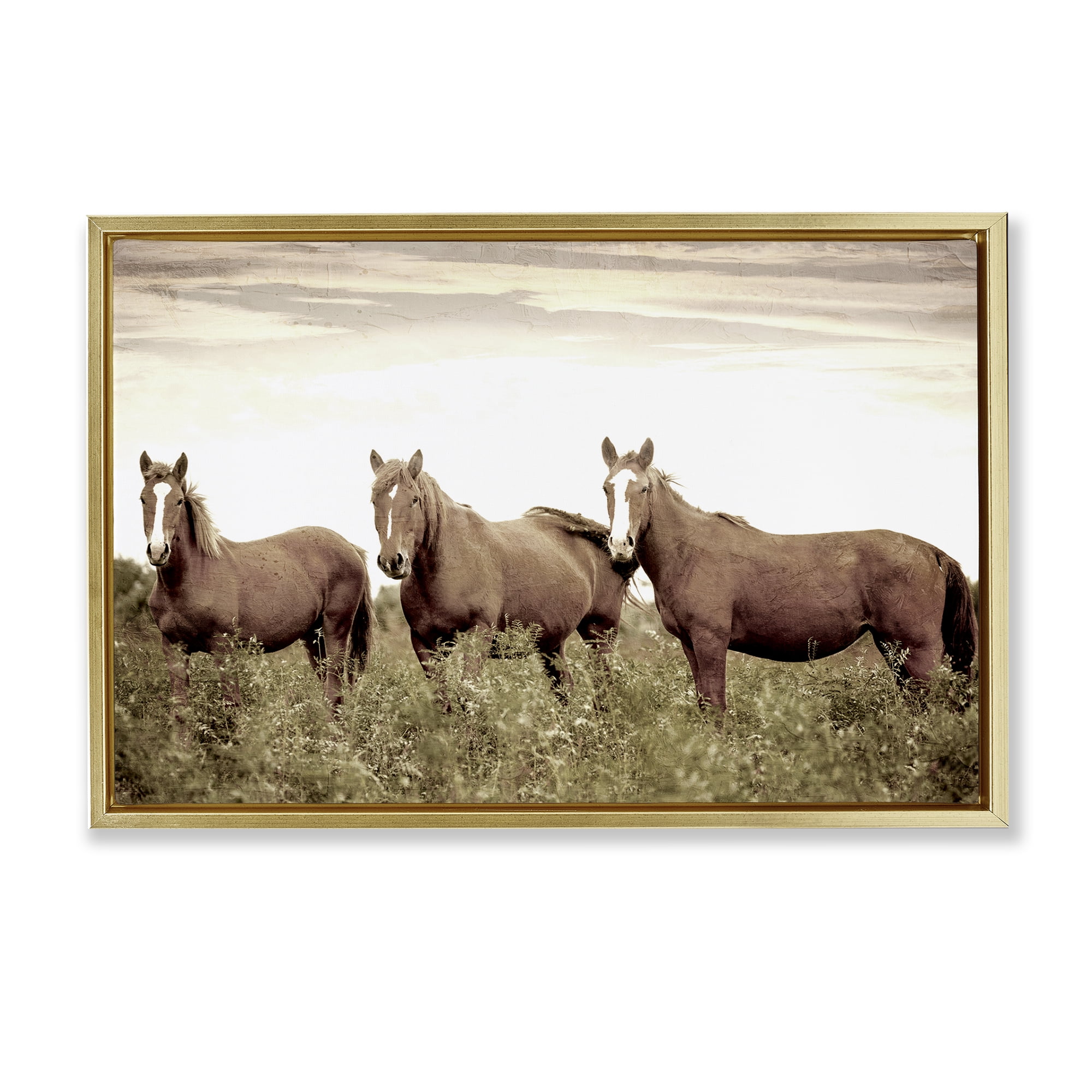Stupell Industries Horse Trio Gaze Animals Painting Gold Floater Framed Canvas Art Print Wall Art, 25 x 17