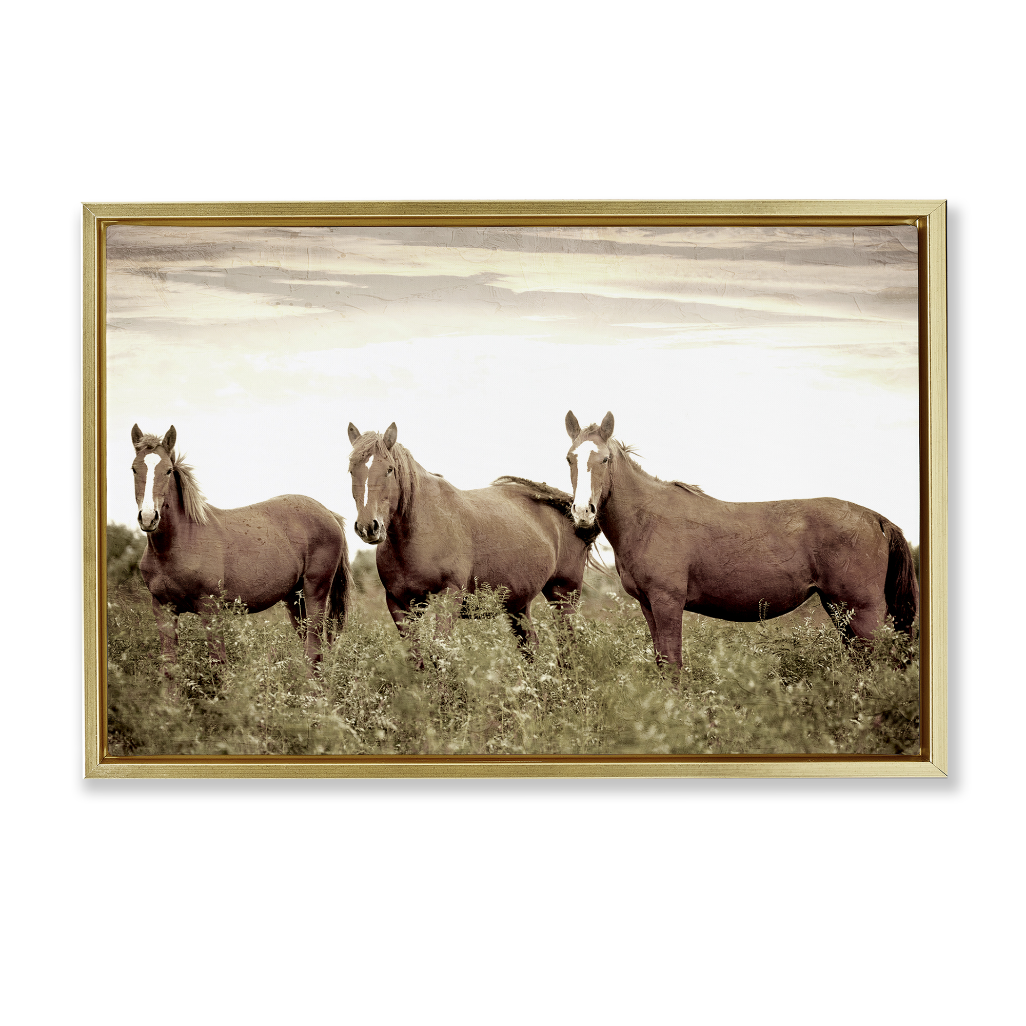 Stupell Industries Horse Trio Gaze Animals Painting Gold Floater Framed Canvas Art Print Wall Art, 31 x 21