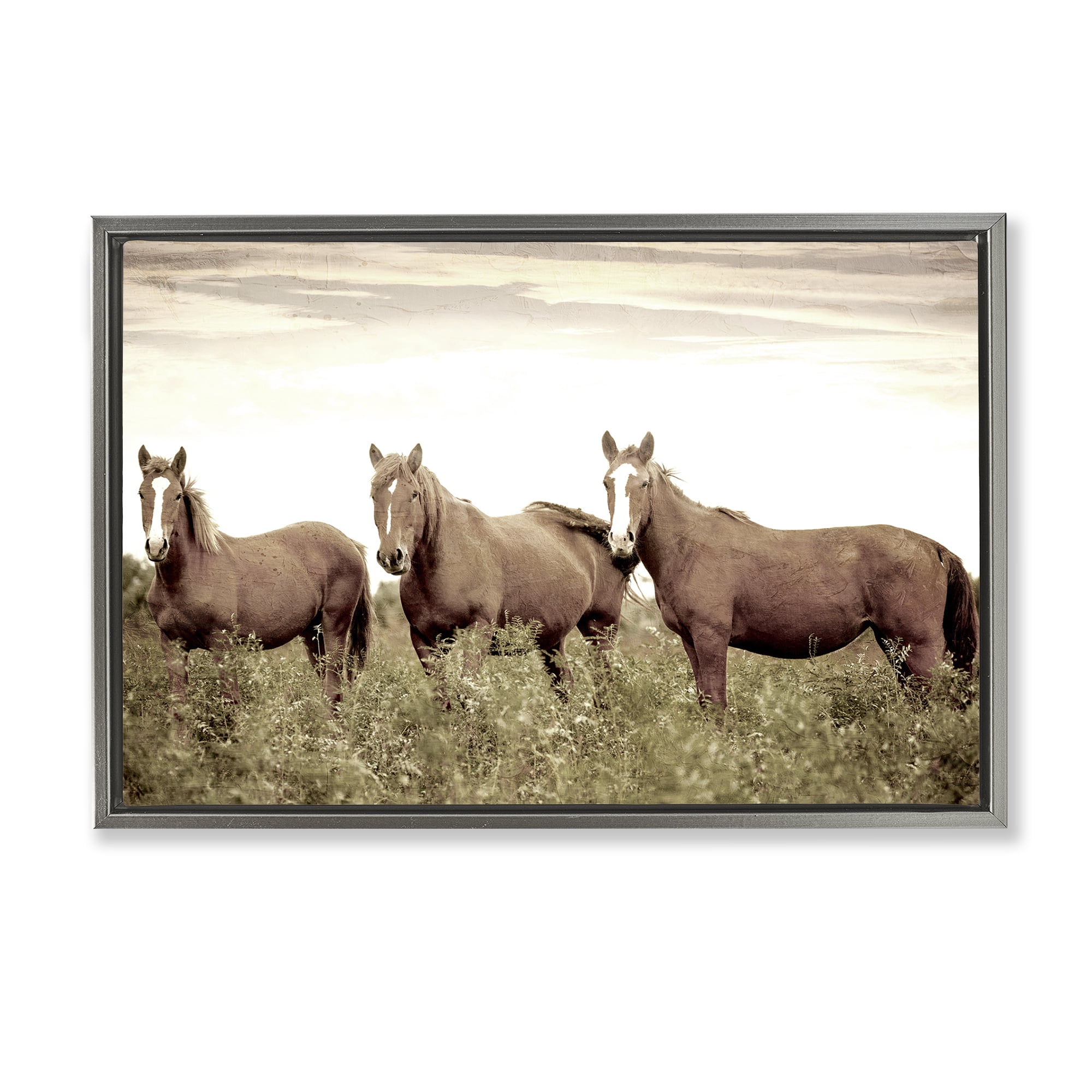 Stupell Industries Horse Trio Gaze Animals Painting Gray Floater Framed Canvas Art Print Wall Art, 31 x 21