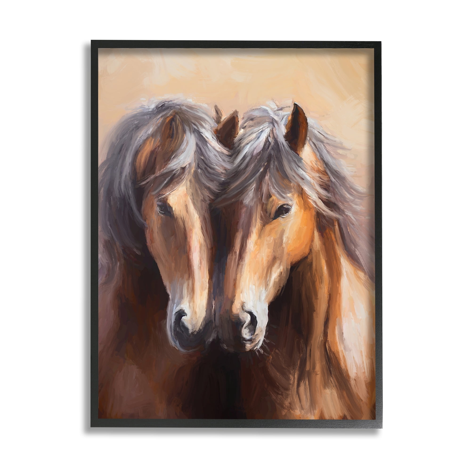Rustic Black Framed Horse Twins Hugging Art Print