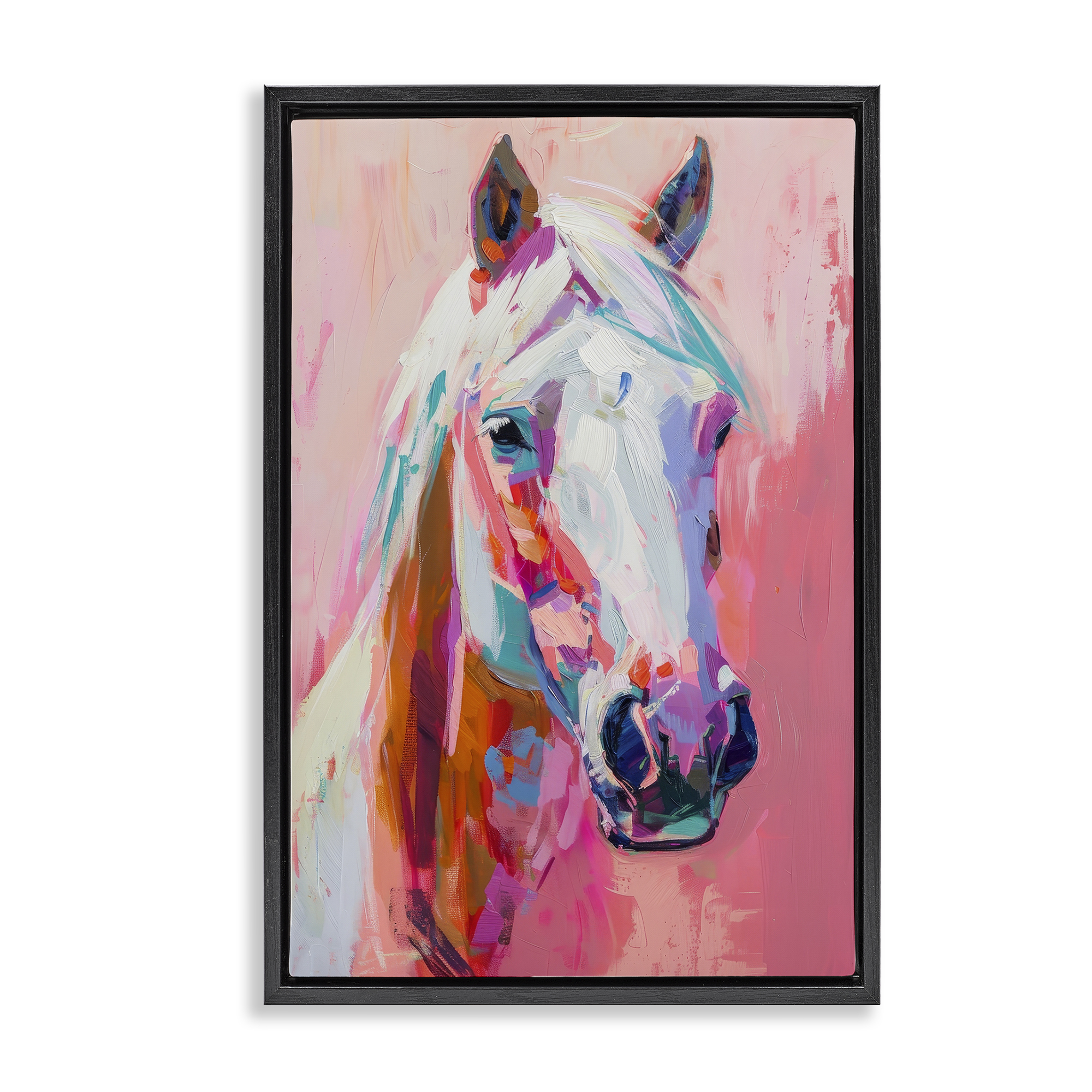 Stupell Industries Horse Visage on Pink Animals Painting Black Floater Framed Canvas Art Print Wall Art, 17 x 25