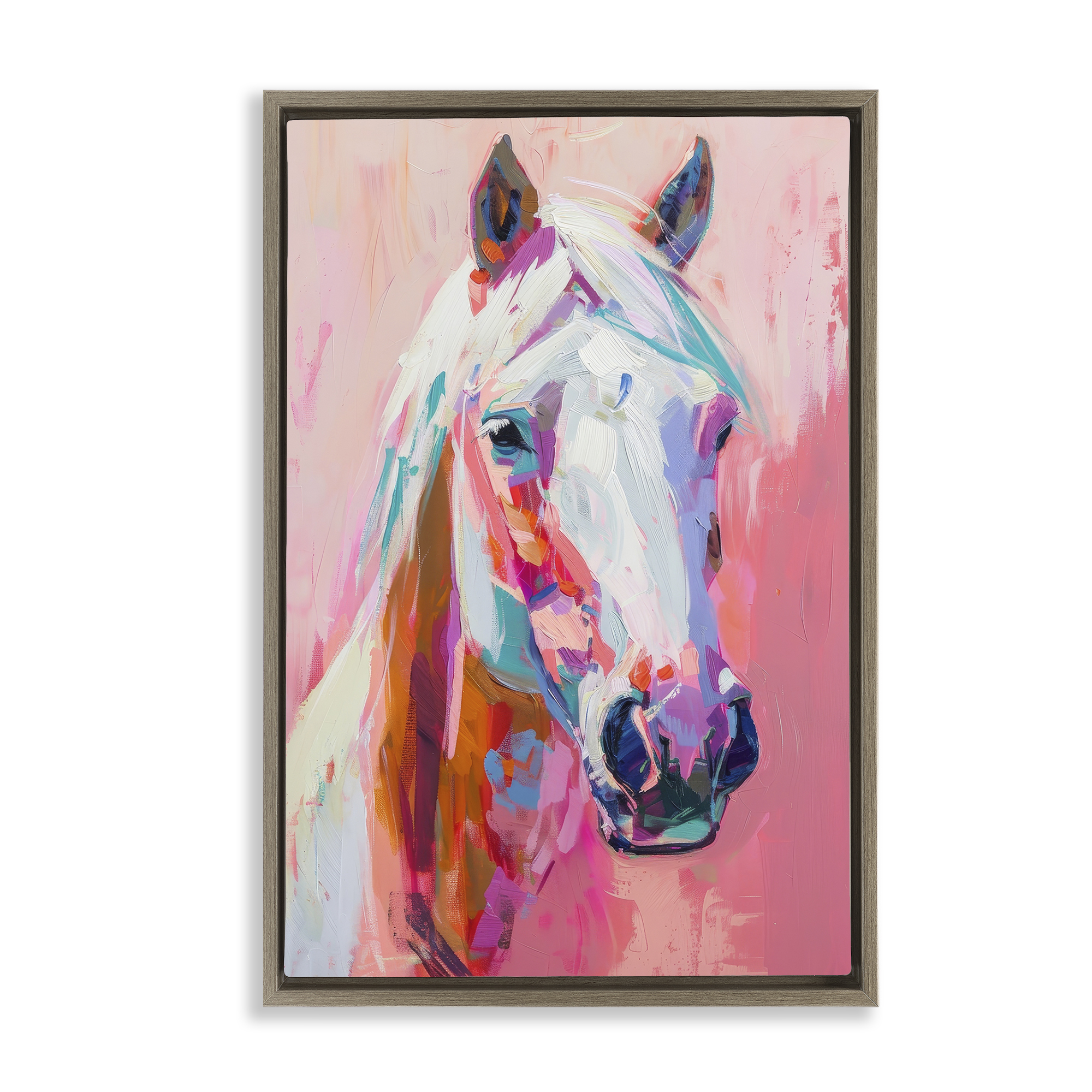 Stupell Industries Horse Visage on Pink Animals Painting Brown Floater Framed Canvas Art Print Wall Art, 17 x 25