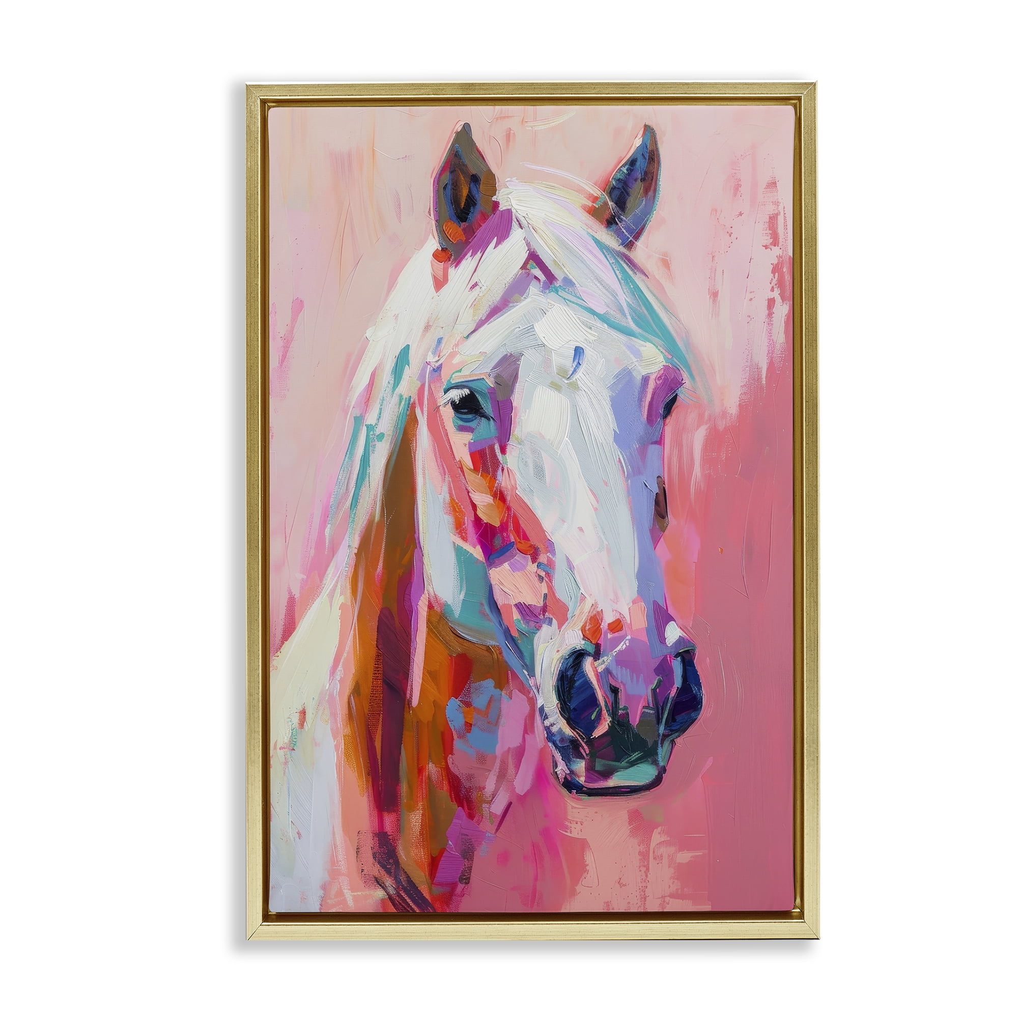 Stupell Industries Horse Visage on Pink Animals Painting Gold Floater Framed Canvas Art Print Wall Art, 21 x 31
