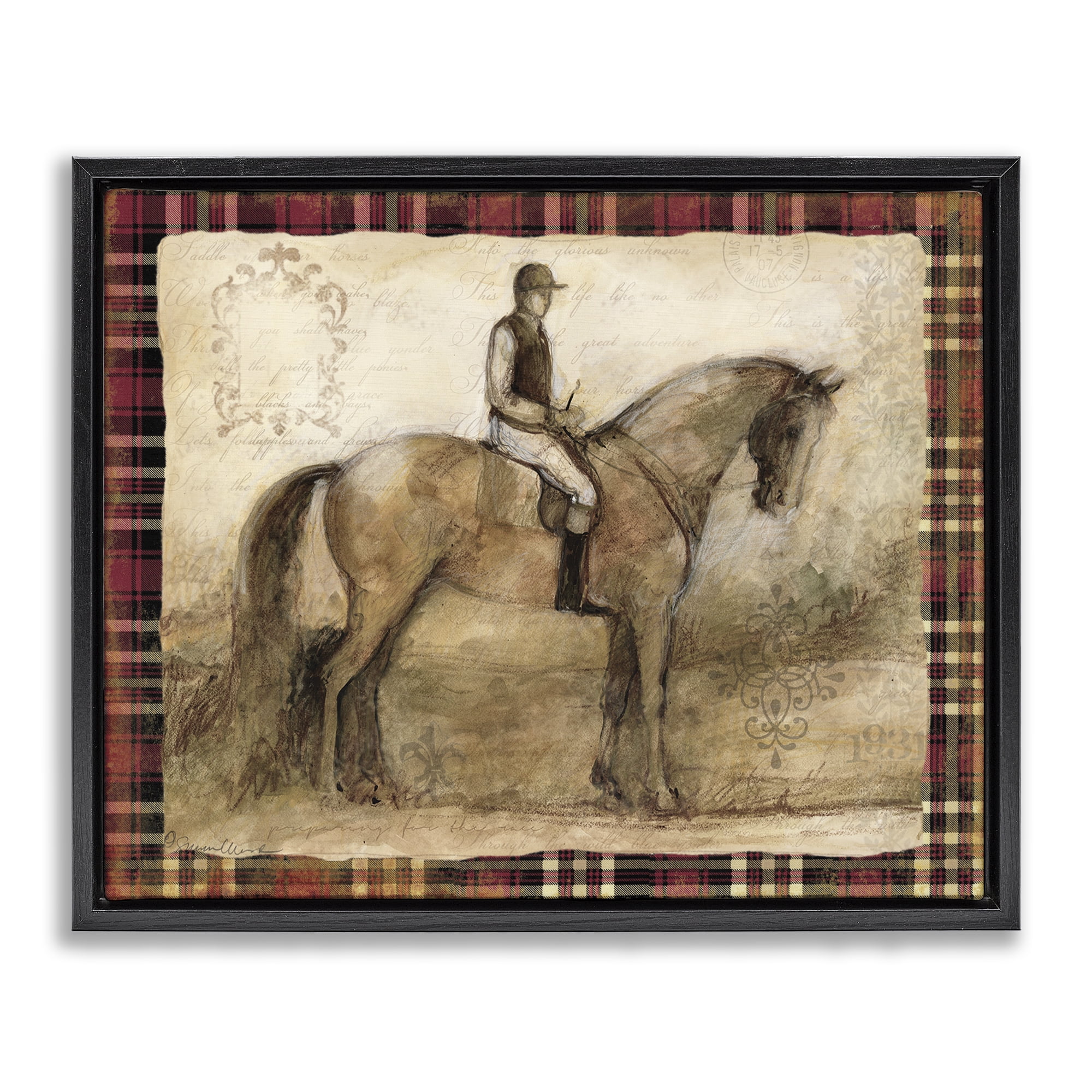 Stupell Industries Horse With Jockey & Plaid Black Framed Floater Canvas Wall Art, design by Susan Winget