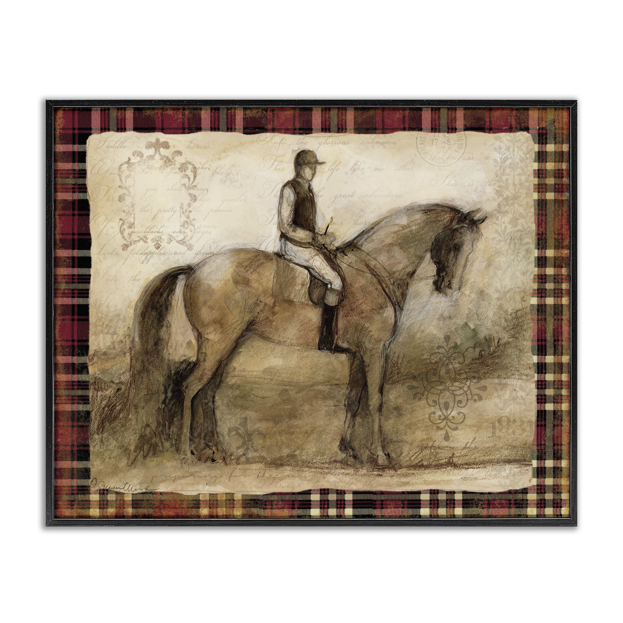 Stupell Industries Horse With Jockey & Plaid Black Framed Giclee Art, design by Susan Winget
