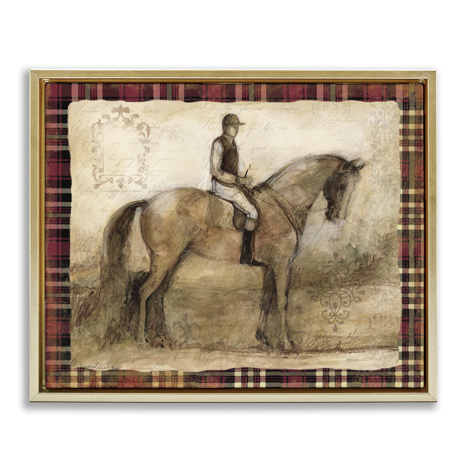 Stupell Industries Horse With Jockey & Plaid Gold Framed Floater Canvas Wall Art, design by Susan Winget