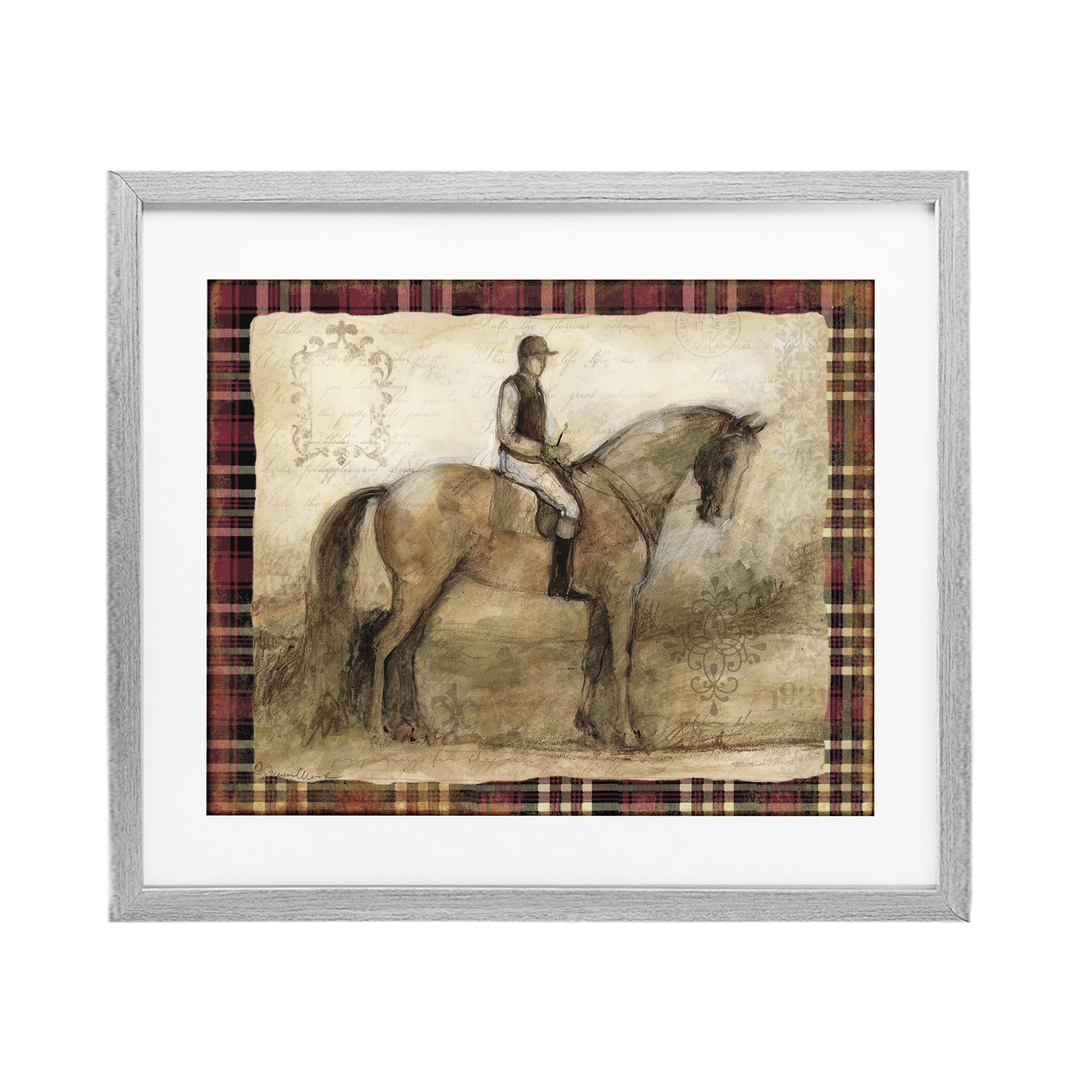 Stupell Industries Horse With Jockey & Plaid Gray Framed Print Under Glass, design by Susan Winget