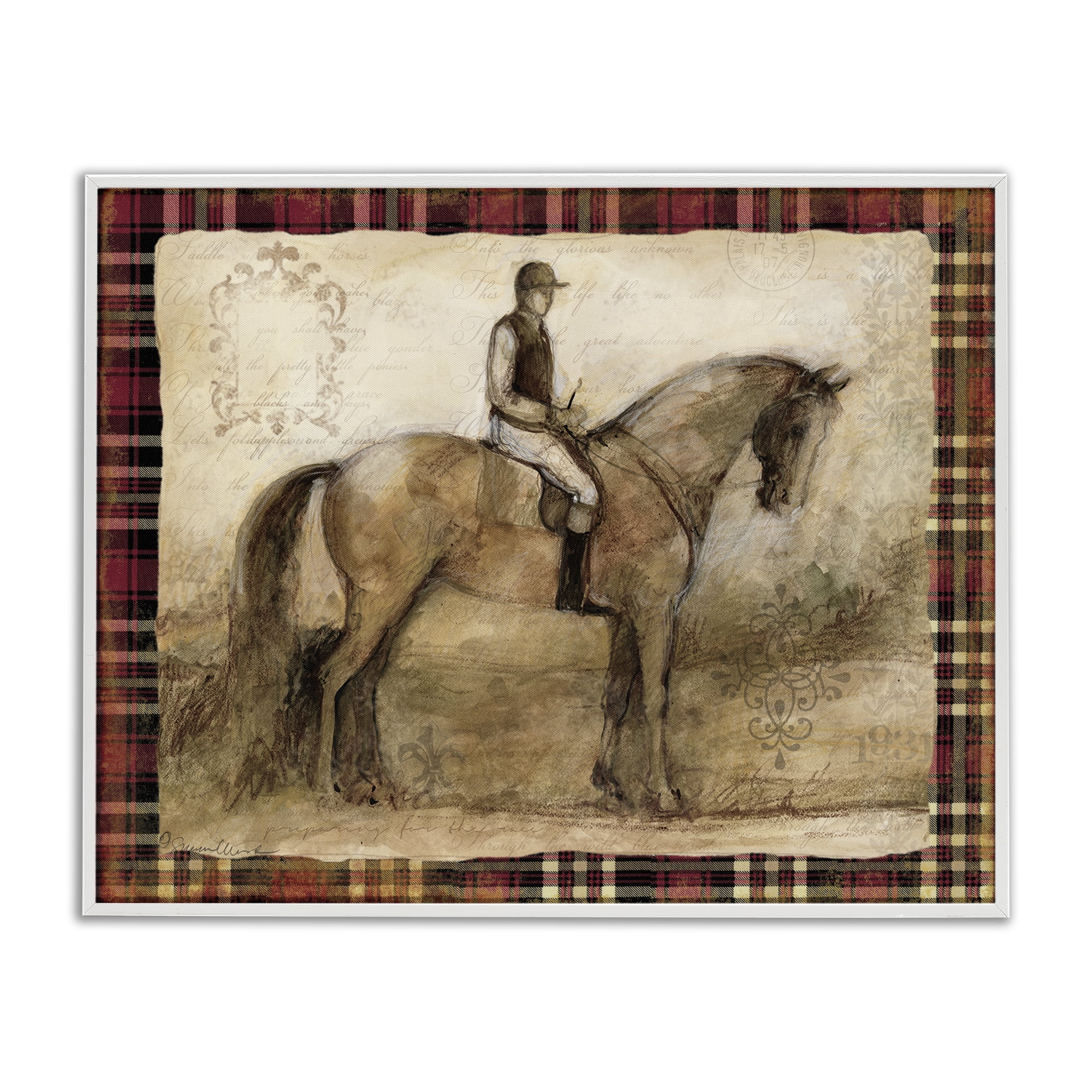 Stupell Industries Horse With Jockey & Plaid White Framed Giclee Art, design by Susan Winget