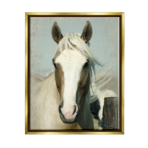 Stupell Industries Horse at Rustic Fence Animals & Insects Painting Gold Floater Framed Canvas Art Print Wall Art, 25 x 31