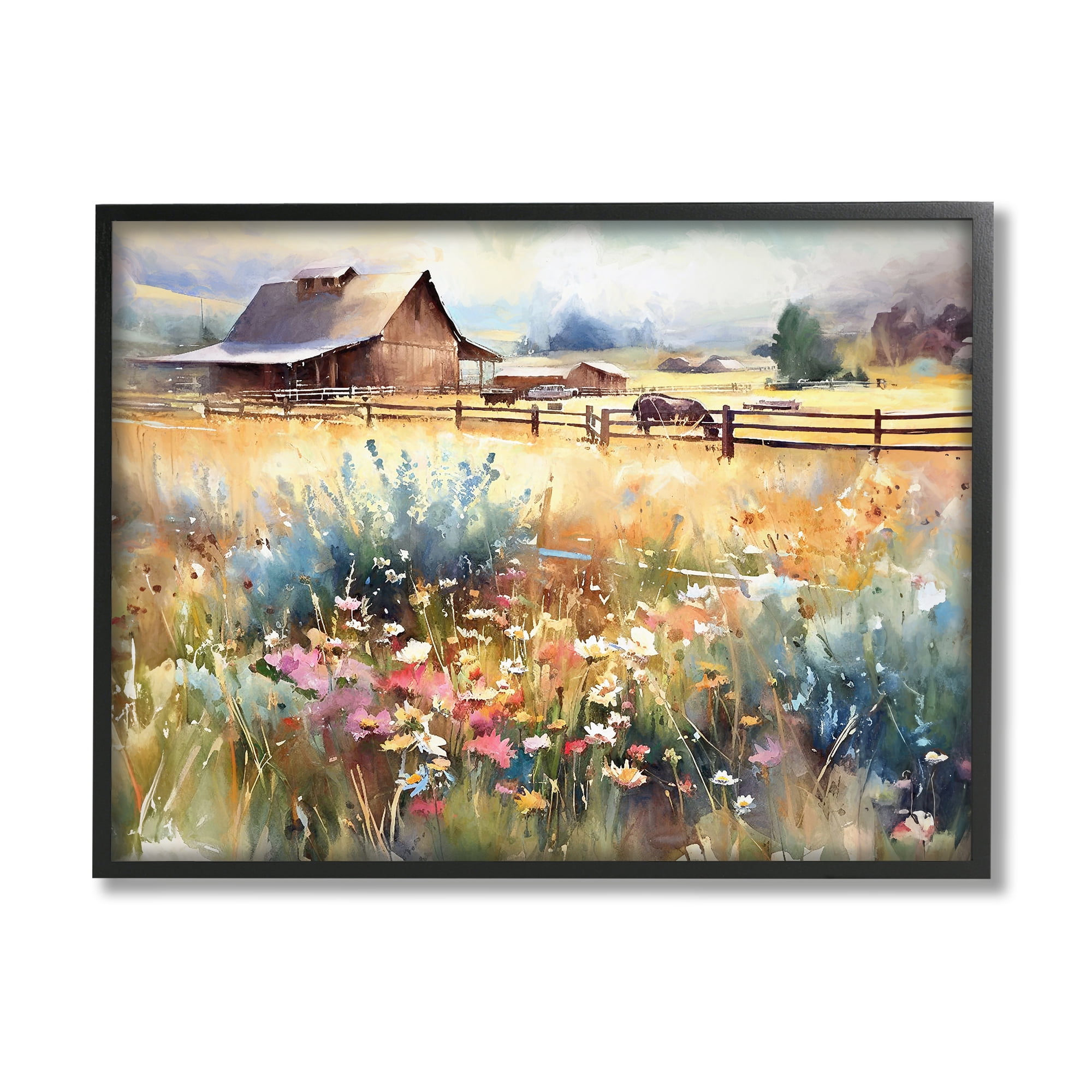 Stupell Industries Horse in Farmhouse Meadow Landscape Painting Black Framed Art Print Wall Art, 14 x 11