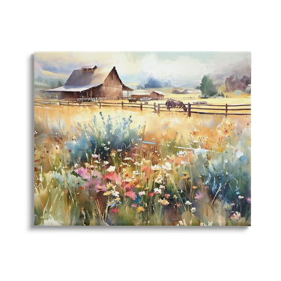 Stupell Industries Horse in Farmhouse Meadow Landscape Painting Gallery Wrapped Canvas Art Print Wall Art, 20 x 16