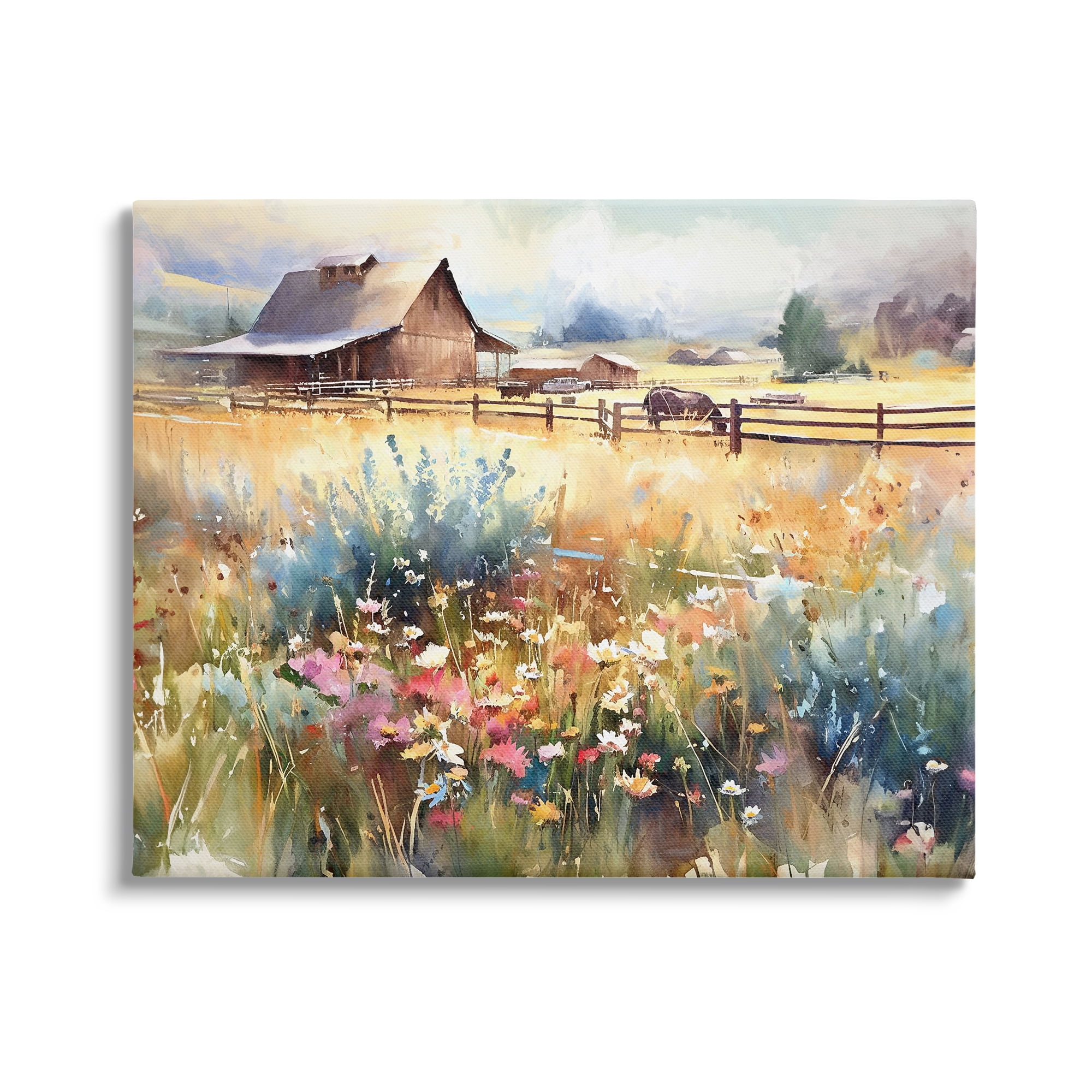 Stupell Industries Horse in Farmhouse Meadow Landscape Painting Gallery Wrapped Canvas Art Print Wall Art, 48 x 36