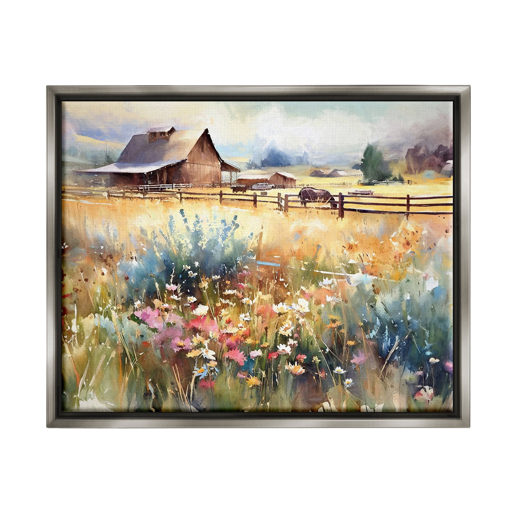 Stupell Industries Horse in Farmhouse Meadow Landscape Painting Gray Floater Framed Canvas Art Print Wall Art, 31 x 25