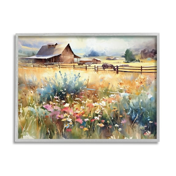Stupell Industries Horse in Farmhouse Meadow Landscape Painting Gray Framed Art Print Wall Art, 14 x 11