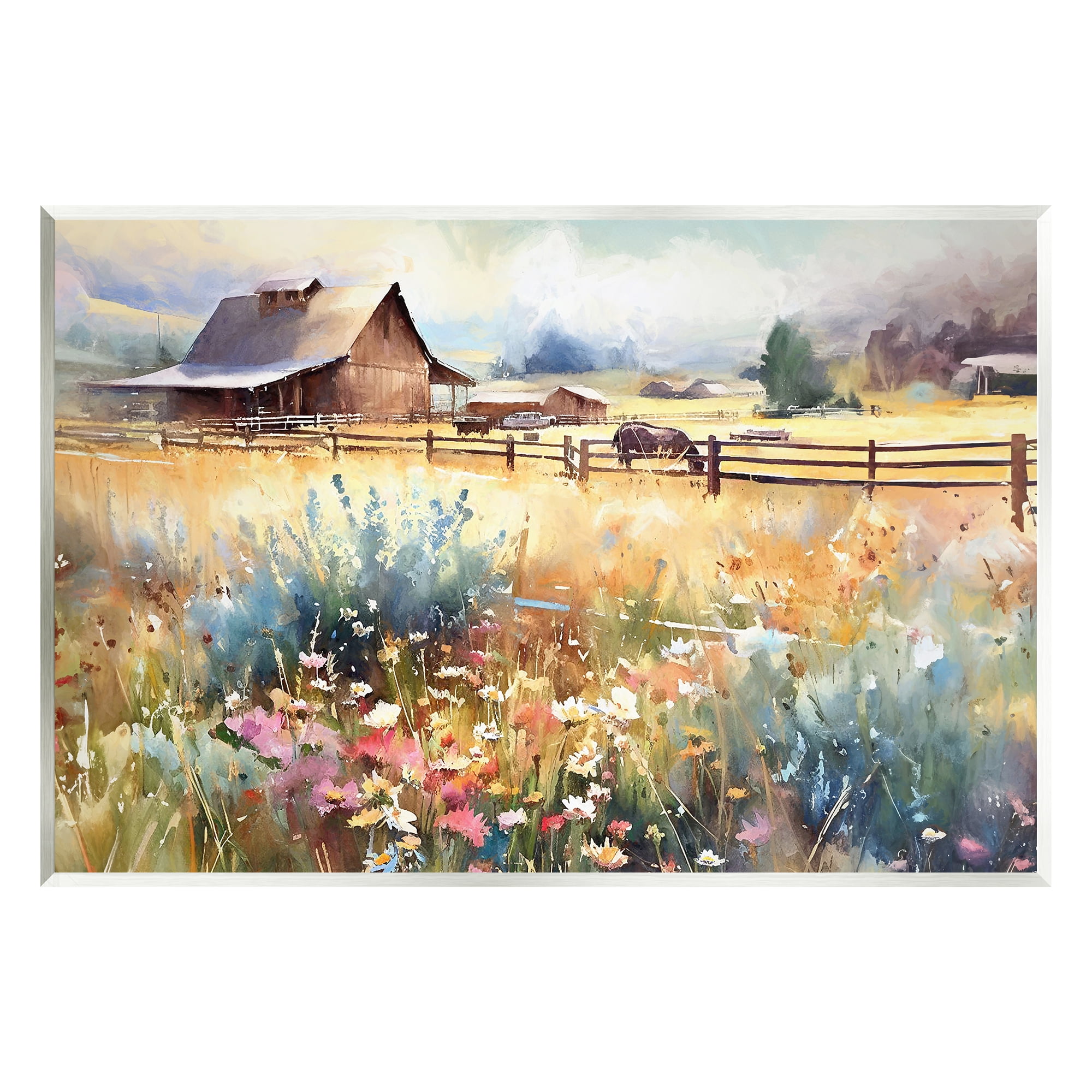 Stupell Industries Horse in Farmhouse Meadow Landscape Painting Unframed Art Print Wall Art, 19 x 13