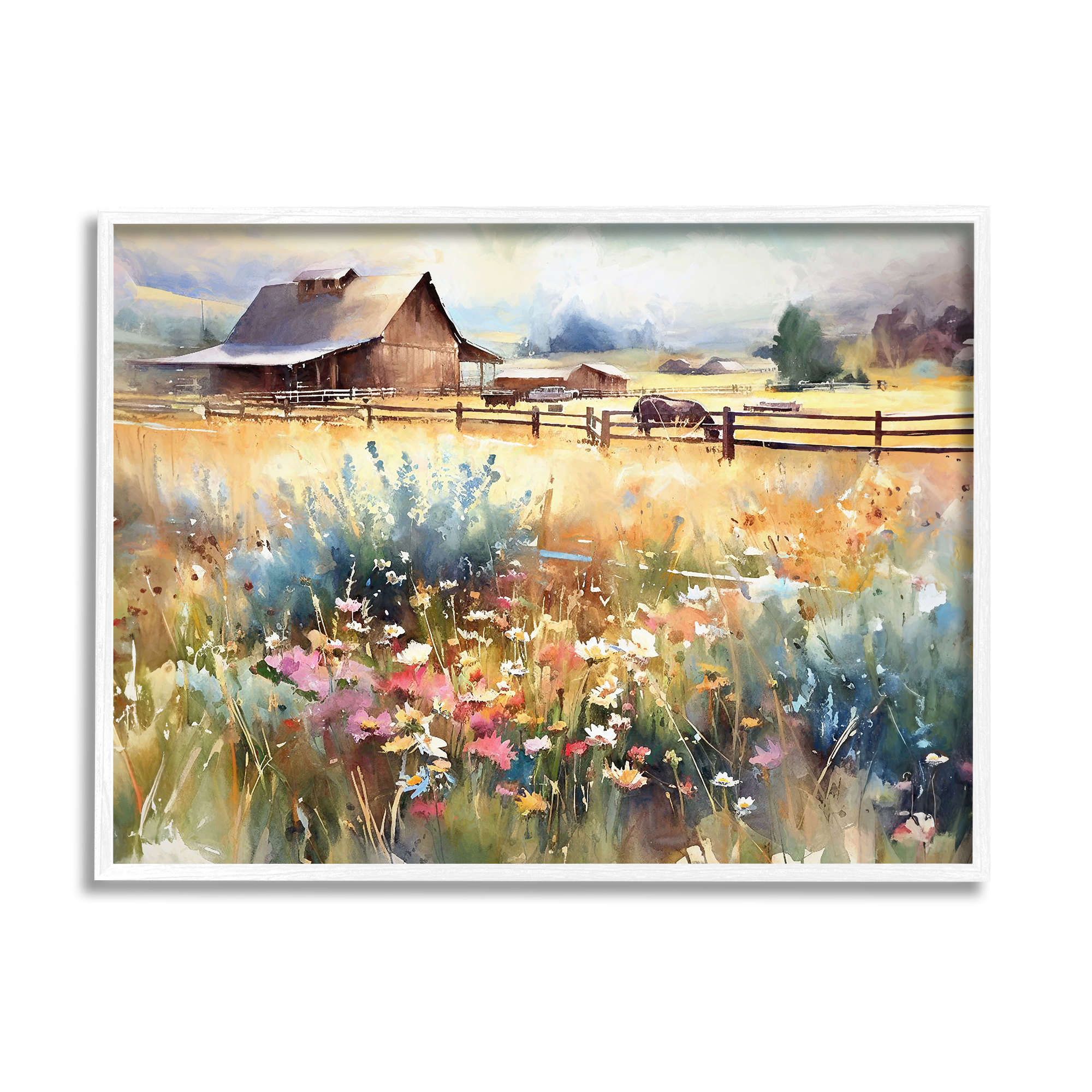 Stupell Industries Horse in Farmhouse Meadow Landscape Painting White Framed Art Print Wall Art, 14 x 11