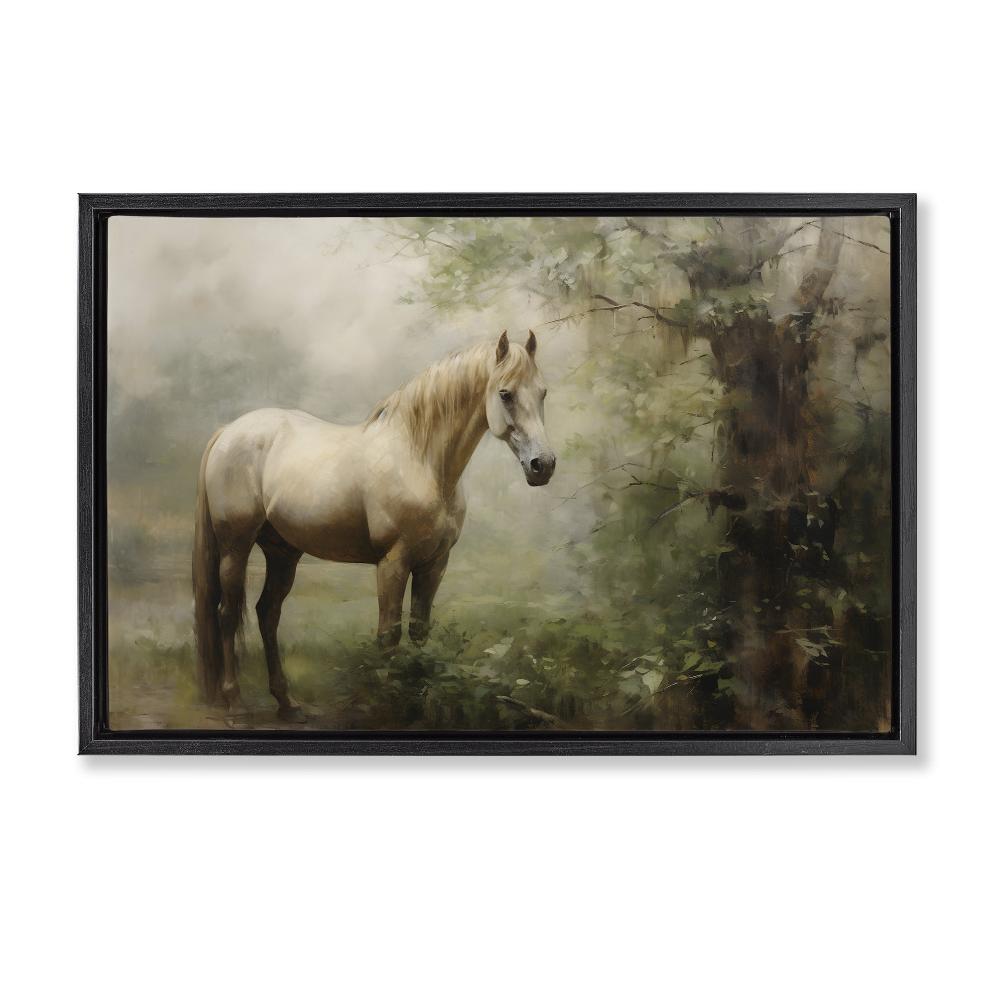 Stupell Industries Horse in Forest Woods Landscape Painting Black Floater Framed Canvas Art Print Wall Art, 31 x 21