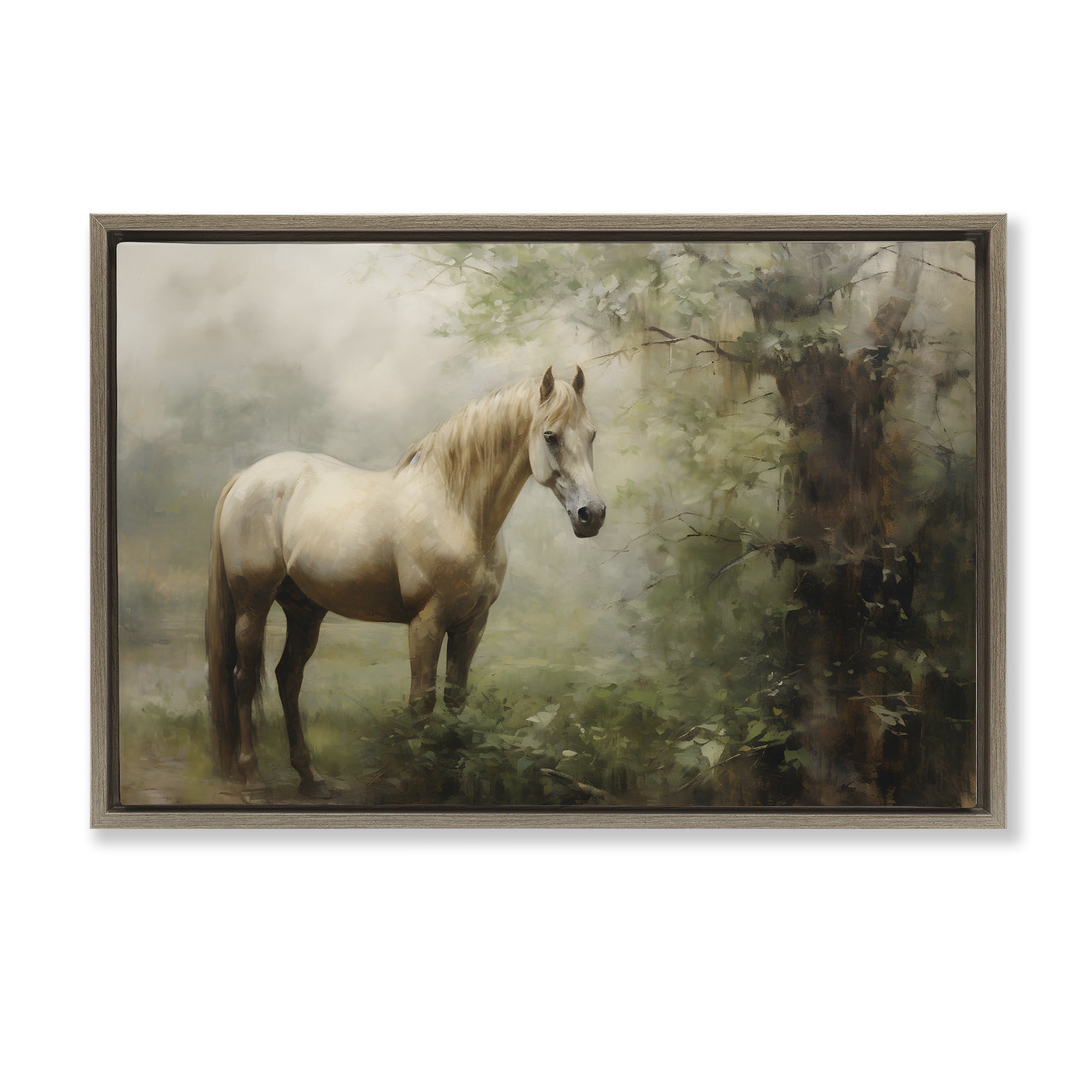 Stupell Industries Horse in Forest Woods Landscape Painting Brown Floater Framed Canvas Art Print Wall Art, 25 x 17